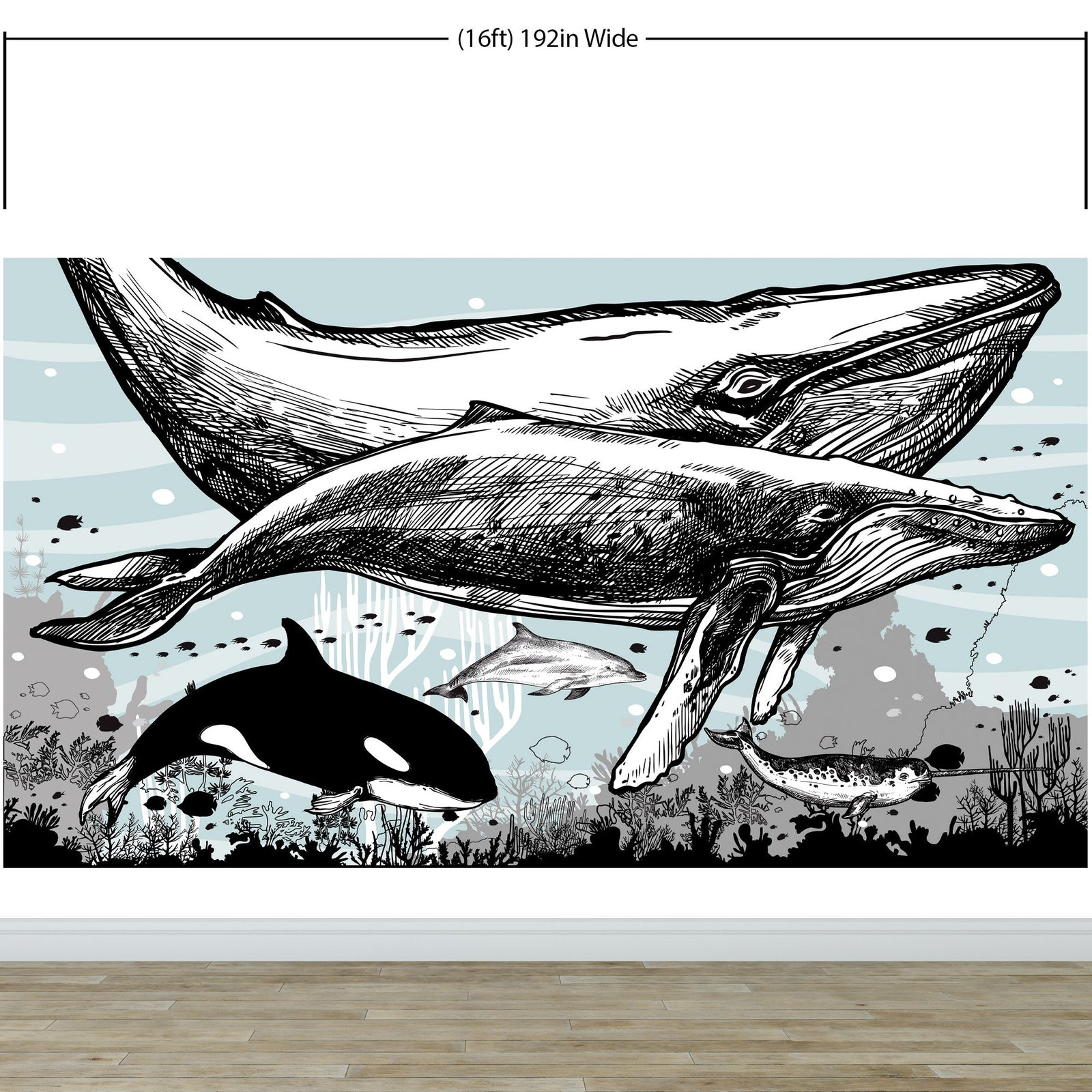 Whale, Dolphin, Killer Whale Wall Mural. Underwater Sea Life Drawing Design. Peel and Stick Wall Mural. #6354