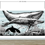 Whale, Dolphin, Killer Whale Wall Mural. Underwater Sea Life Drawing Design. Peel and Stick Wall Mural. #6354