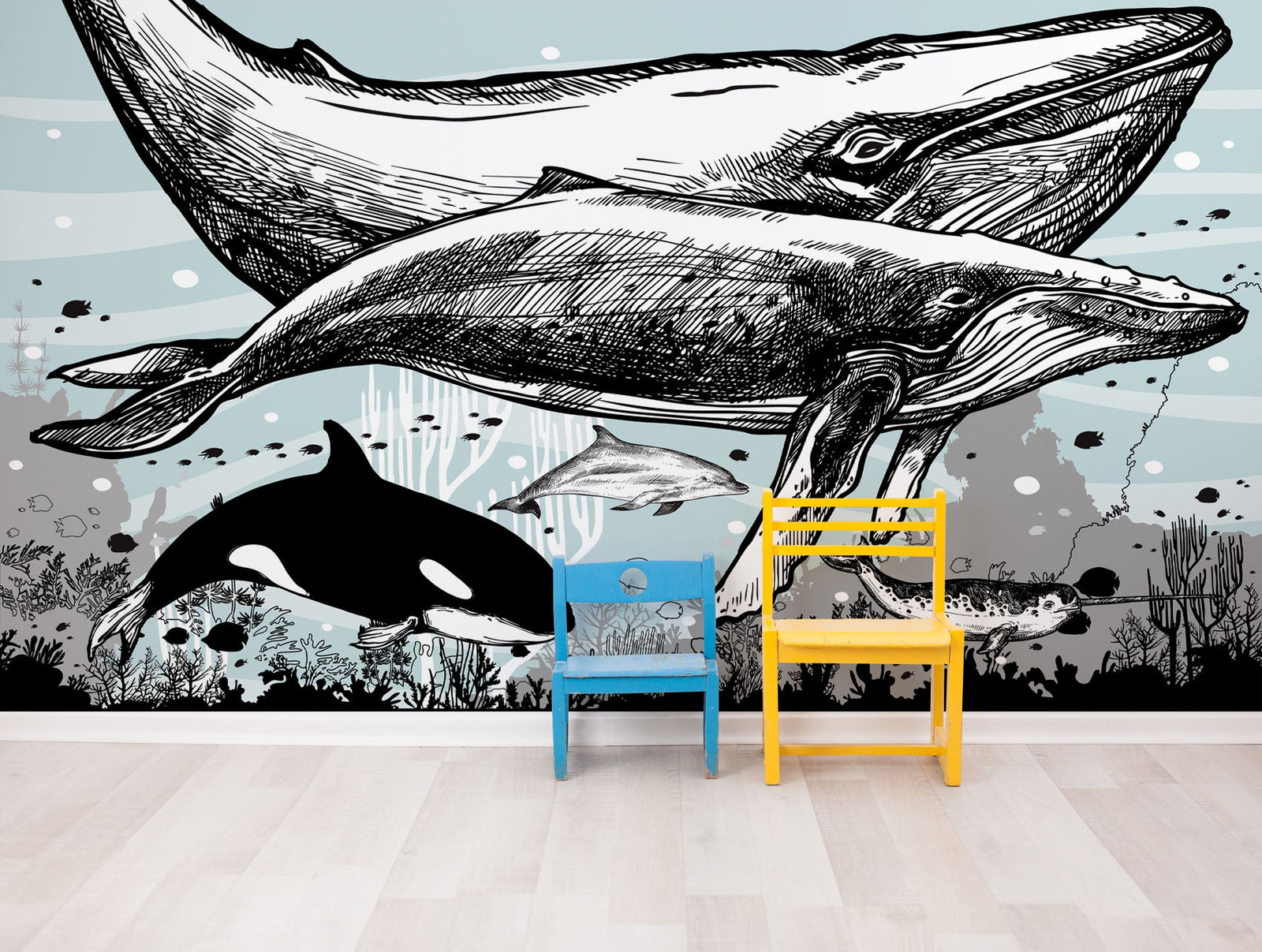 Whale, Dolphin, Killer Whale Wall Mural. Underwater Sea Life Drawing Design. Peel and Stick Wall Mural. #6354