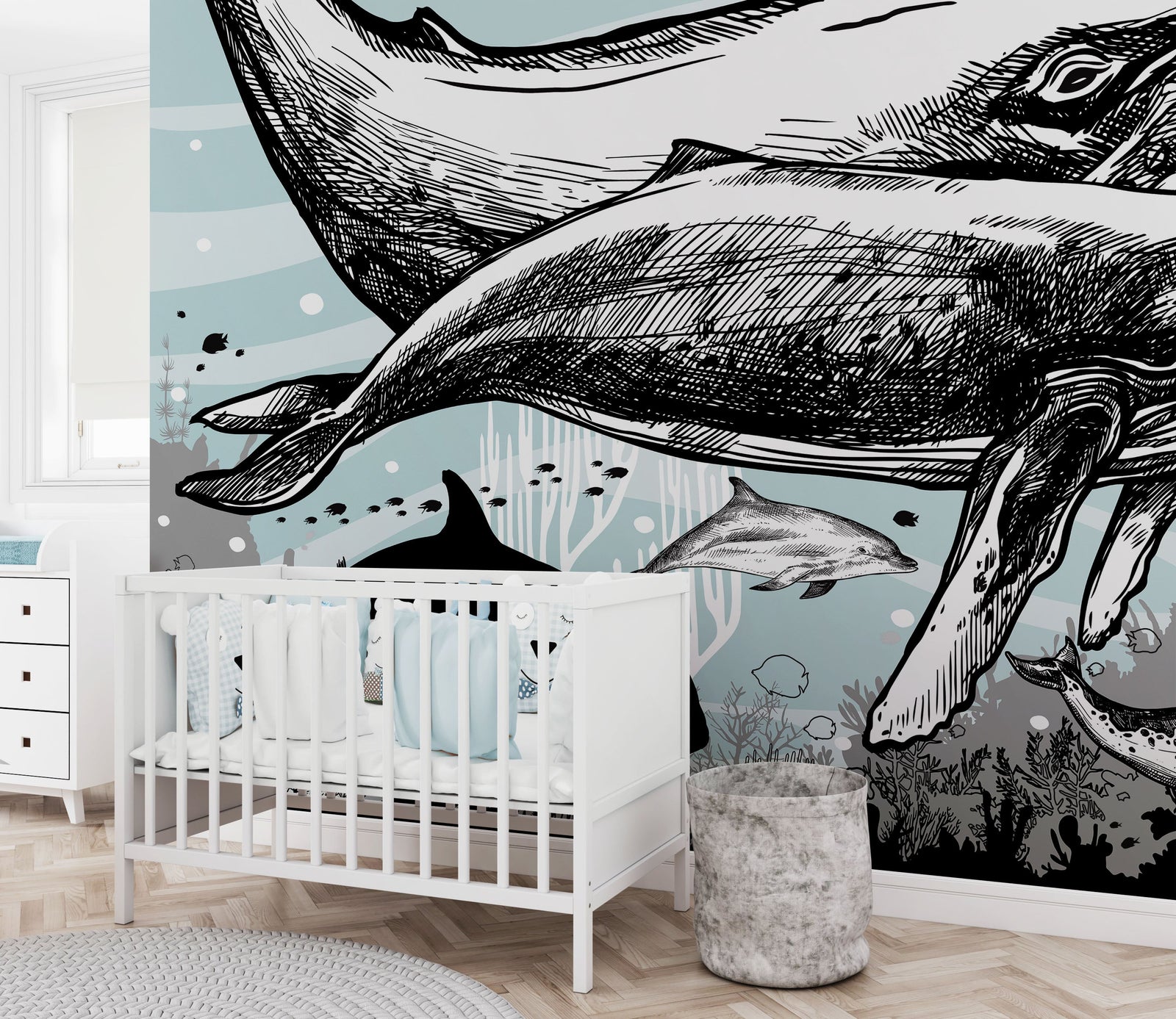 Whale, Dolphin, Killer Whale Wall Mural. Underwater Sea Life Drawing Design. Peel and Stick Wall Mural. #6354
