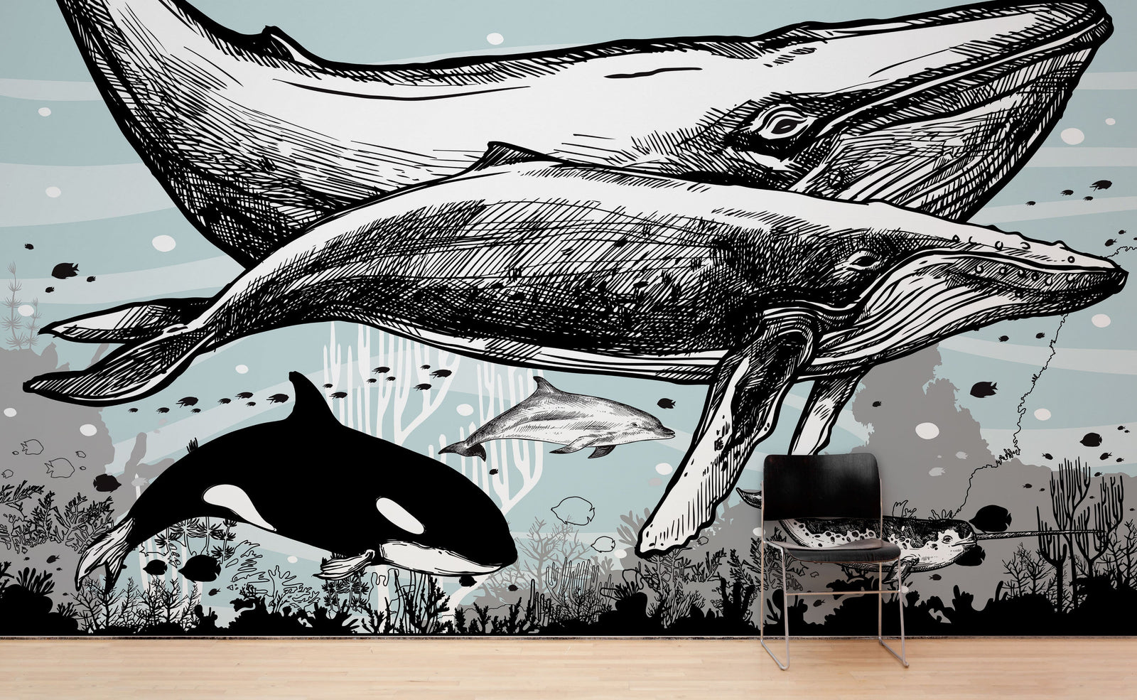 Whale, Dolphin, Killer Whale Wall Mural. Underwater Sea Life Drawing Design. Peel and Stick Wall Mural. #6354