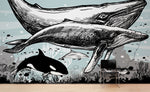 Whale, Dolphin, Killer Whale Wall Mural. Underwater Sea Life Drawing Design. Peel and Stick Wall Mural. #6354