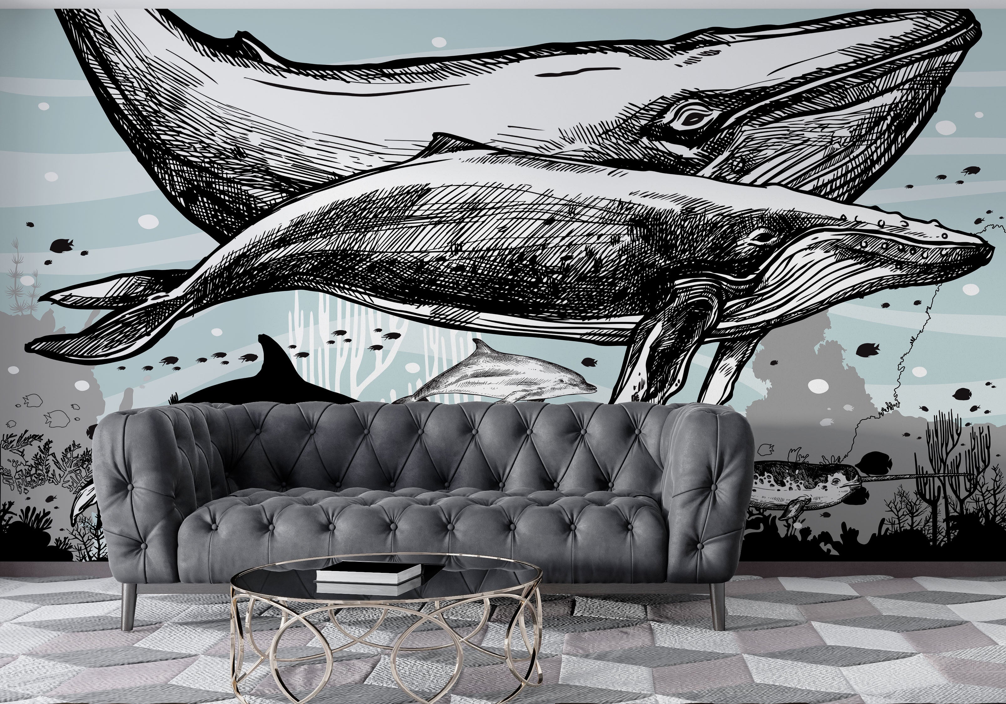 Whale, Dolphin, Killer Whale Wall Mural. Underwater Sea Life Drawing Design. Peel and Stick Wall Mural. #6354