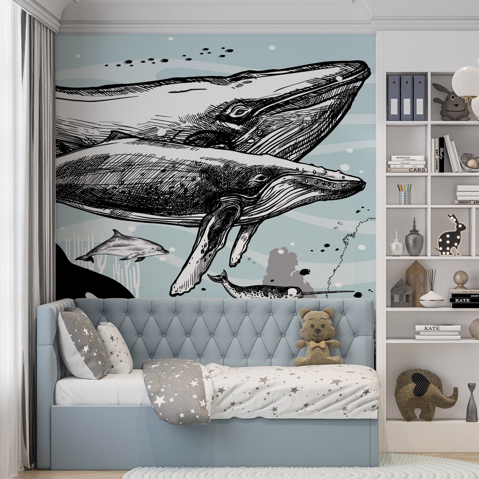 Whale, Dolphin, Killer Whale Wall Mural. Underwater Sea Life Drawing Design. Peel and Stick Wall Mural. #6354