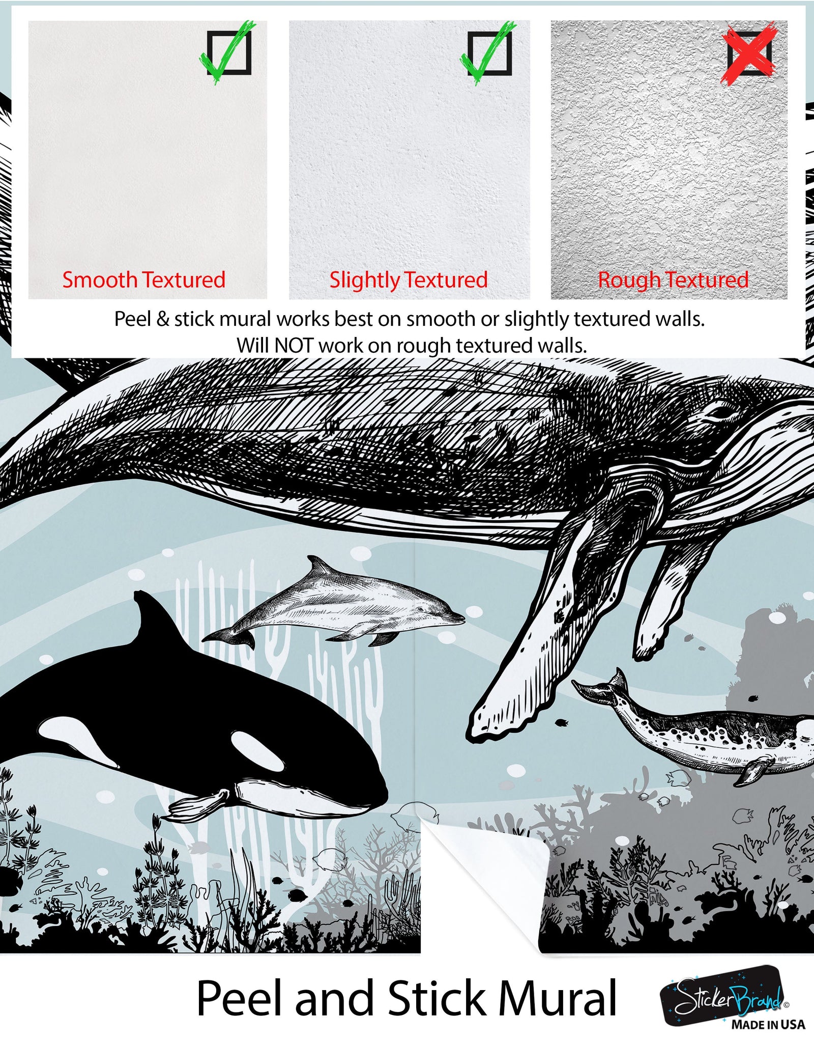 Whale, Dolphin, Killer Whale Wall Mural. Underwater Sea Life Drawing Design. Peel and Stick Wall Mural. #6354