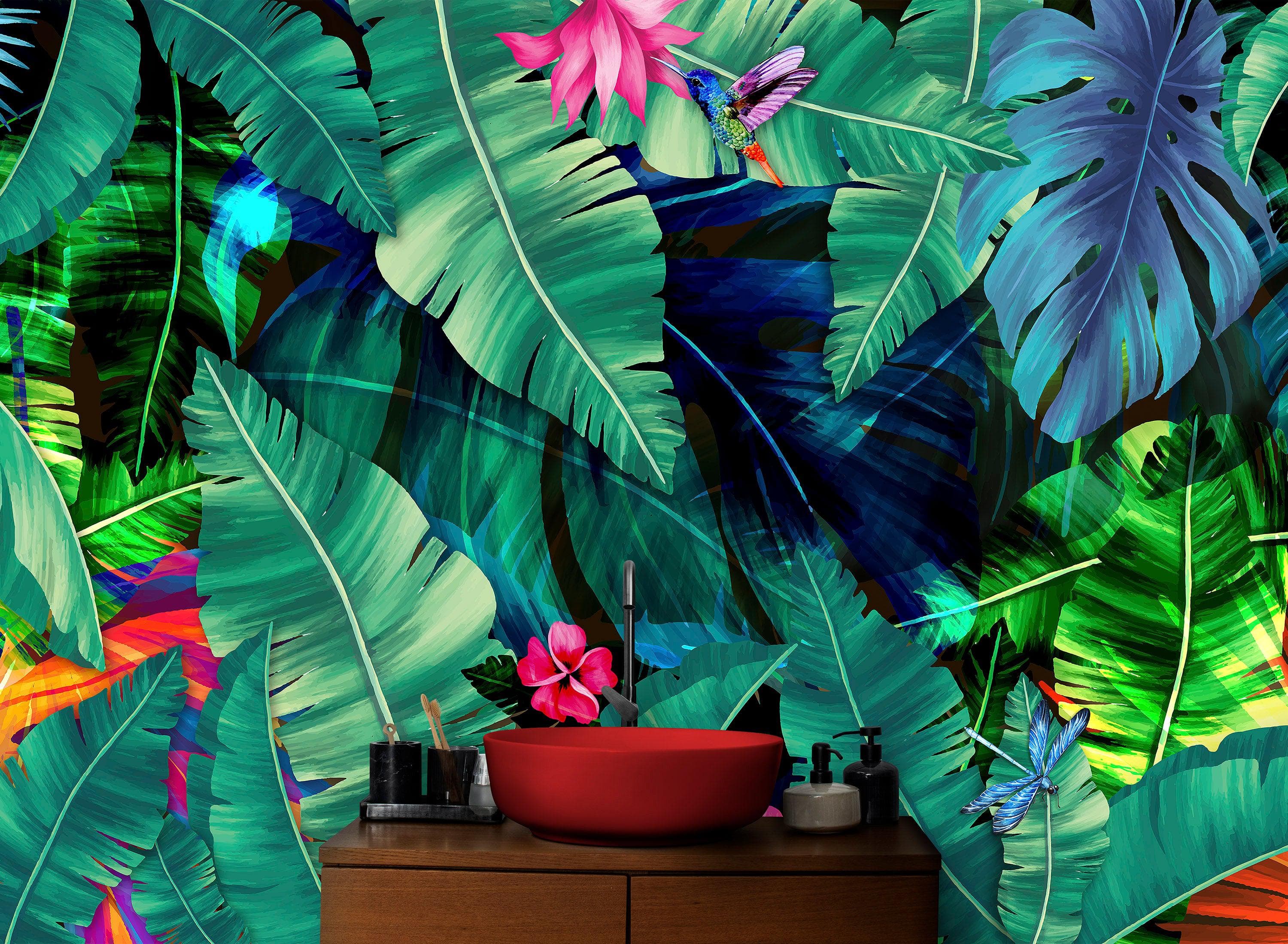 Rainforest Jungle Tropical Wallpaper. Green Flowers and Palm Tree Leaves Design. #6357