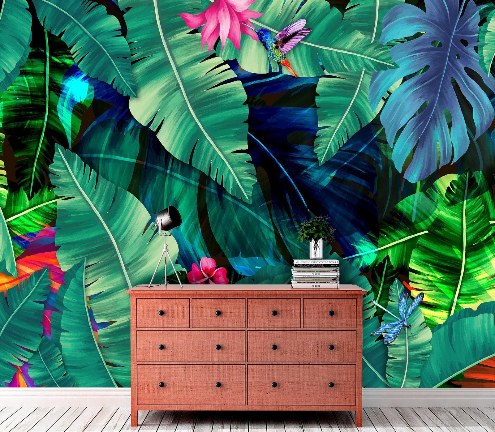 Rainforest Jungle Tropical Wallpaper. Green Flowers and Palm Tree Leaves Design. #6357