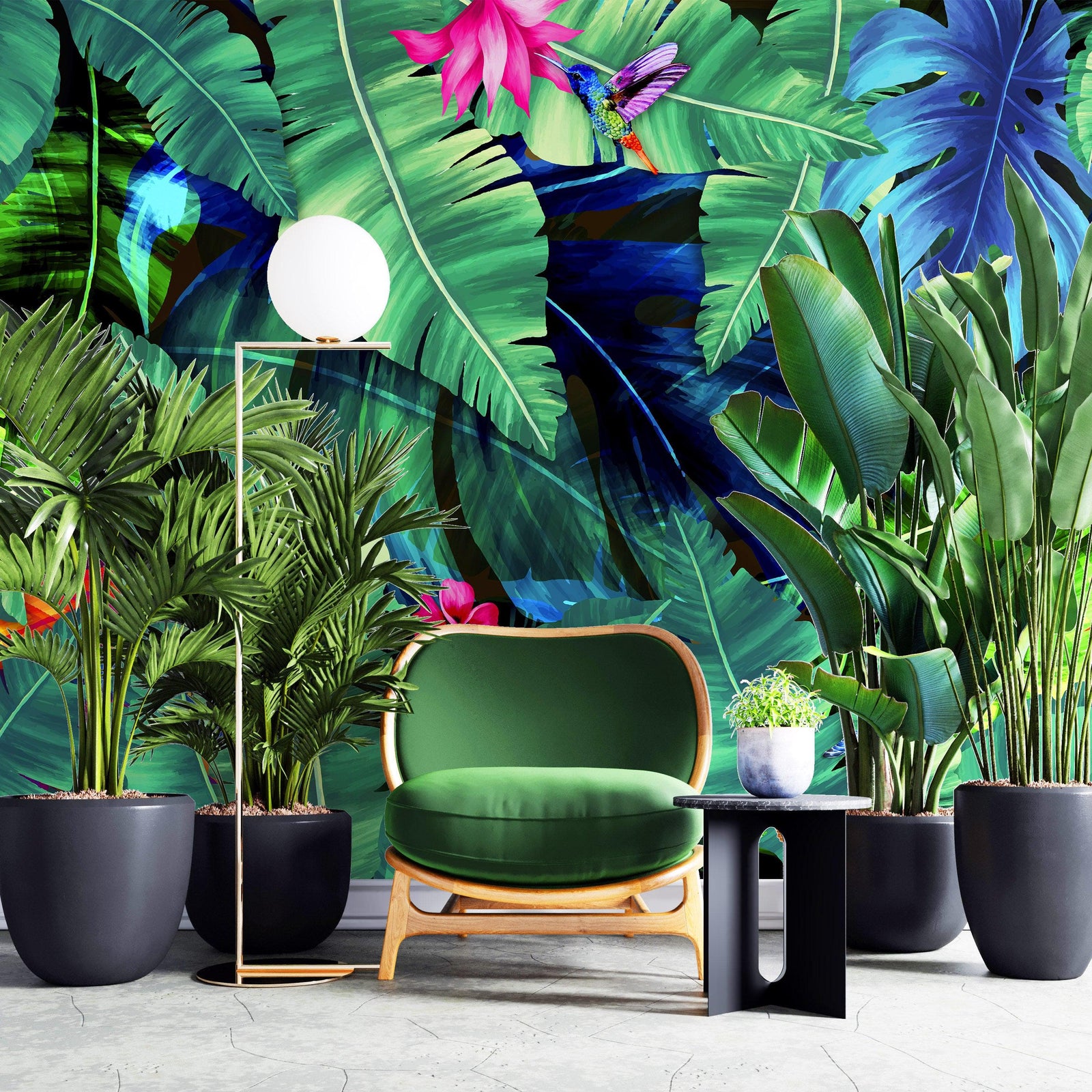 Rainforest Jungle Tropical Wallpaper. Green Flowers and Palm Tree Leaves Design. #6357