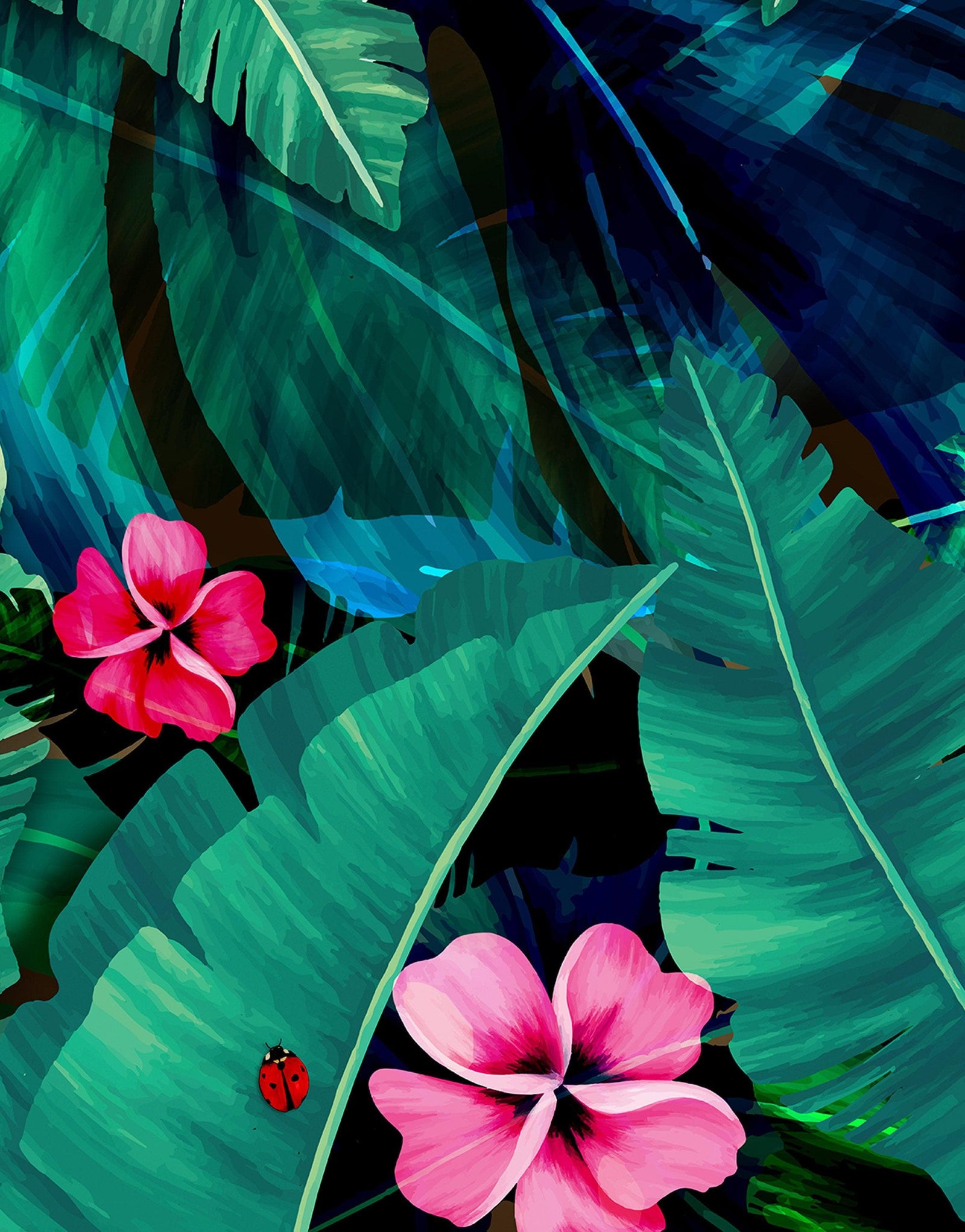 Rainforest Jungle Tropical Wallpaper. Green Flowers and Palm Tree Leaves Design. #6357