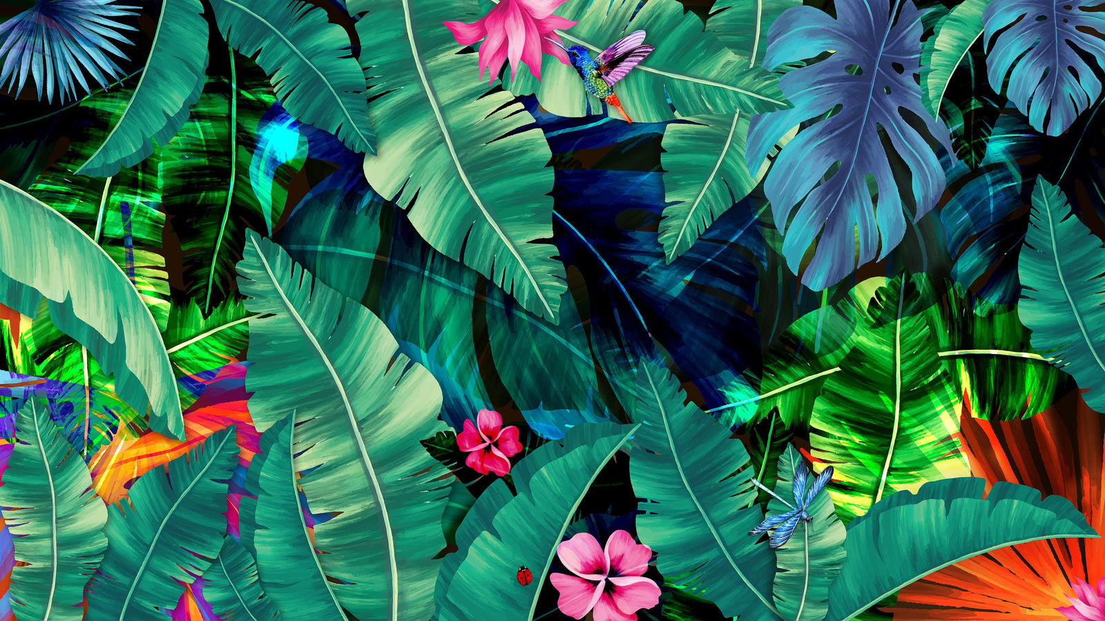 Rainforest Jungle Tropical Wallpaper. Green Flowers and Palm Tree Leaves Design. #6357
