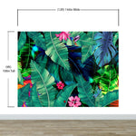 Rainforest Jungle Tropical Wallpaper. Green Flowers and Palm Tree Leaves Design. #6357