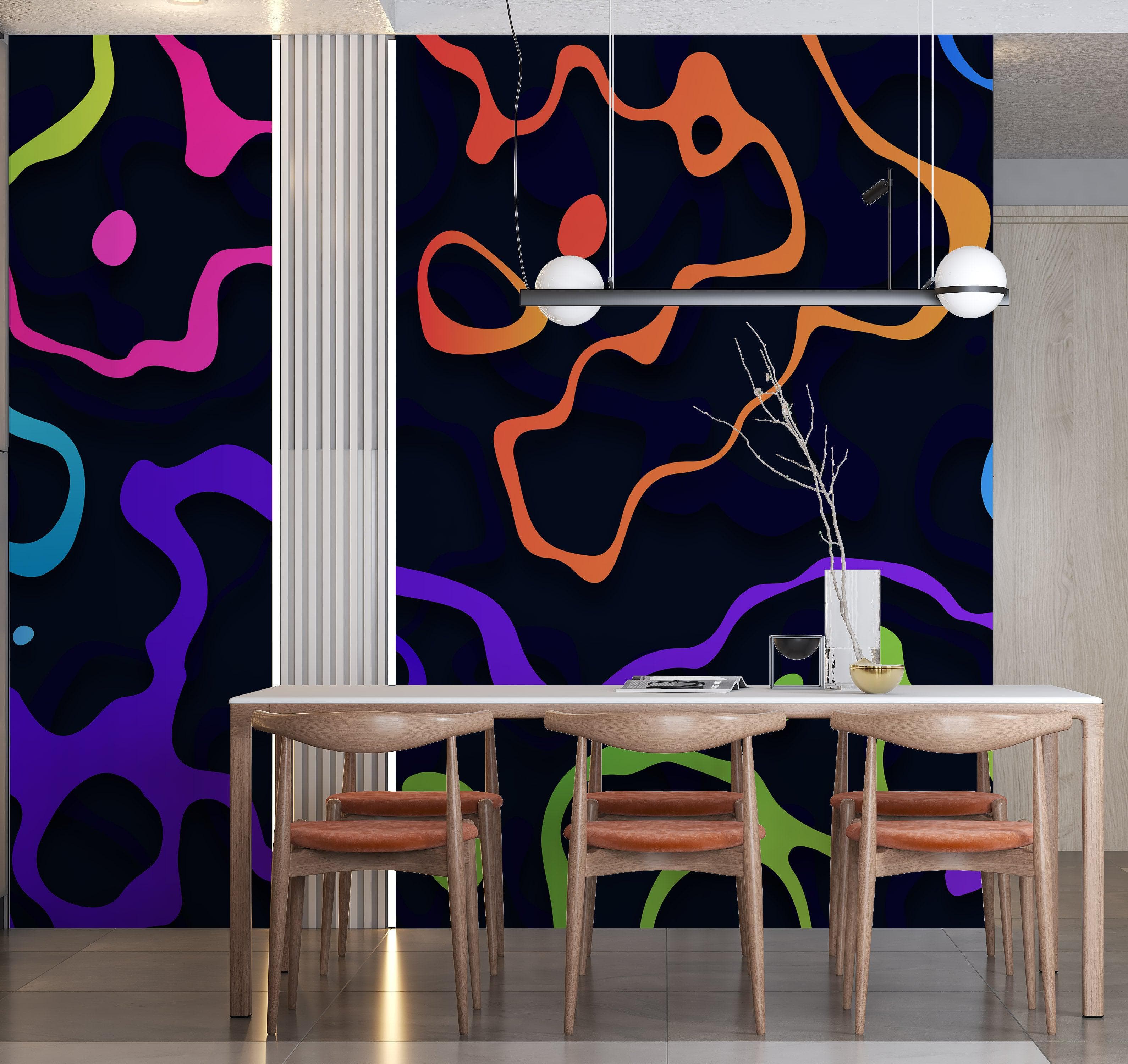 Colorful Abstract Fluid Lines Wallpaper. Peel and Stick Wall Mural. #6358