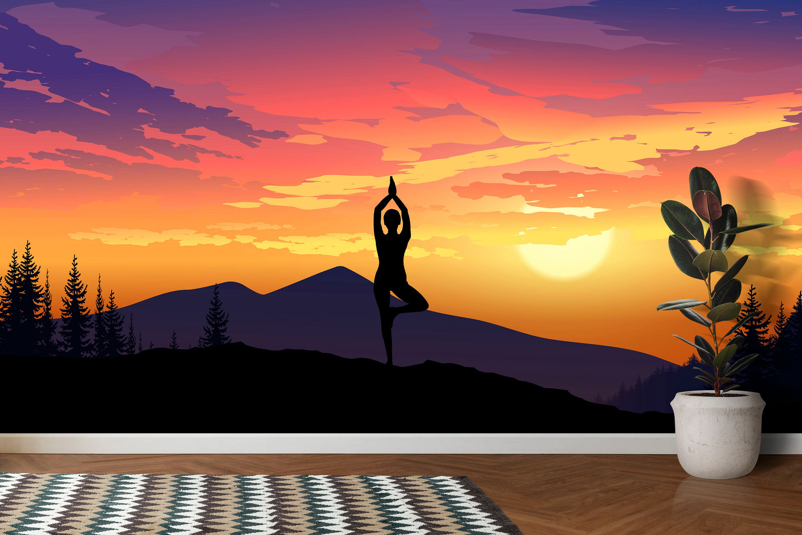 Yoga Meditating On Top of Mountain View Wall Mural. Calm Sunrise Design Peel and Stick Wallpaper. #6364