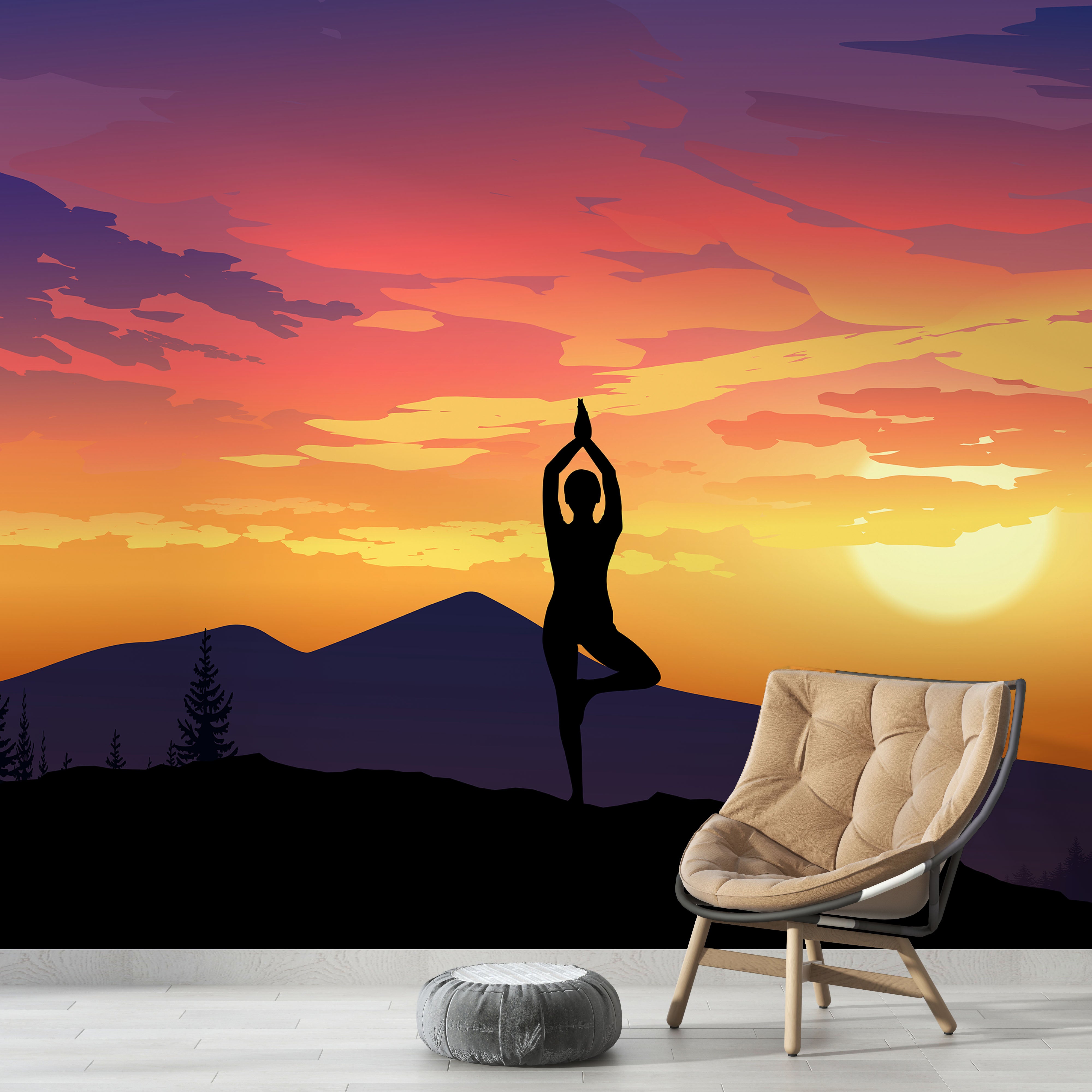 Yoga Meditating On Top of Mountain View Wall Mural. Calm Sunrise Design Peel and Stick Wallpaper. #6364