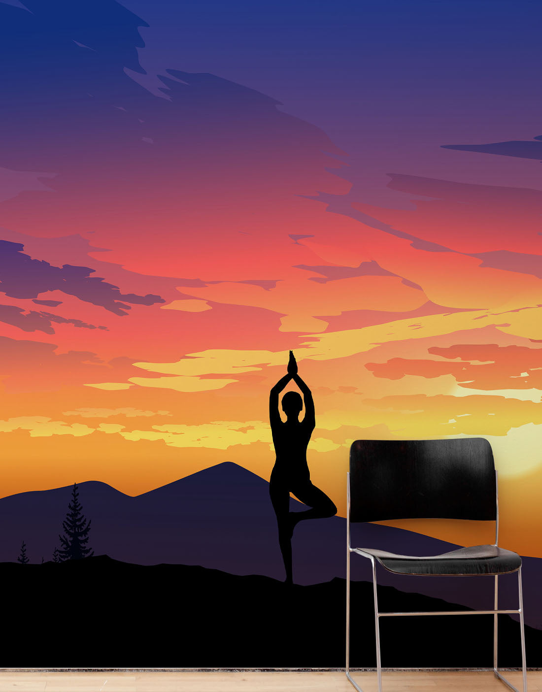 Yoga Meditating On Top of Mountain View Wall Mural. Calm Sunrise Design Peel and Stick Wallpaper. #6364