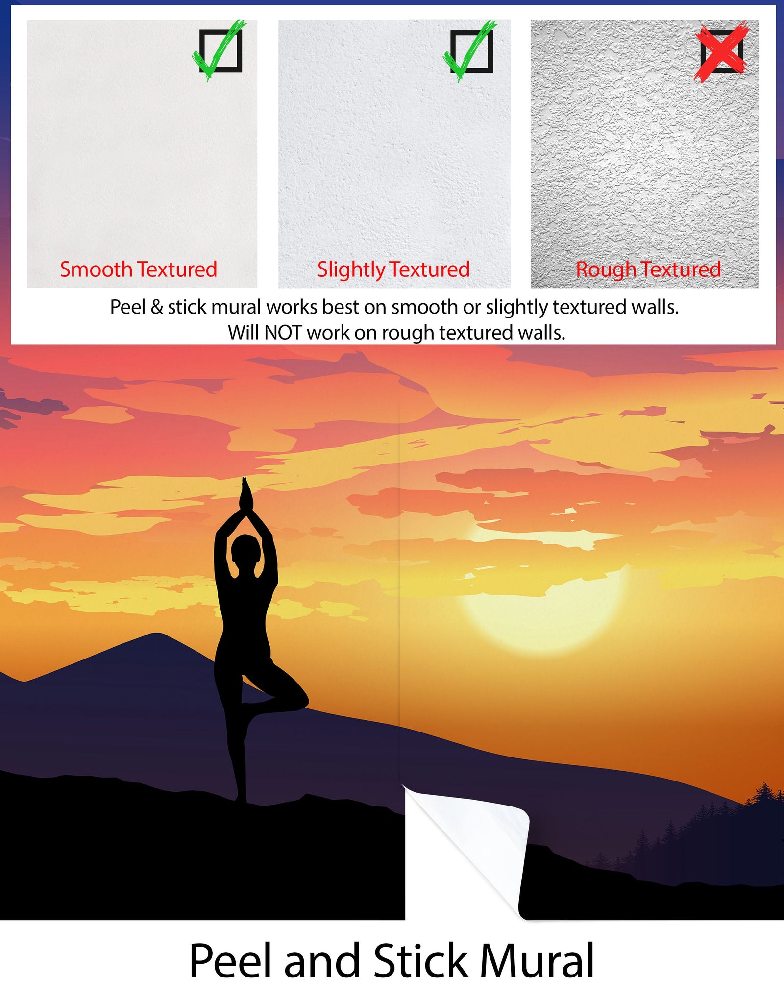 Yoga Meditating On Top of Mountain View Wall Mural. Calm Sunrise Design Peel and Stick Wallpaper. #6364