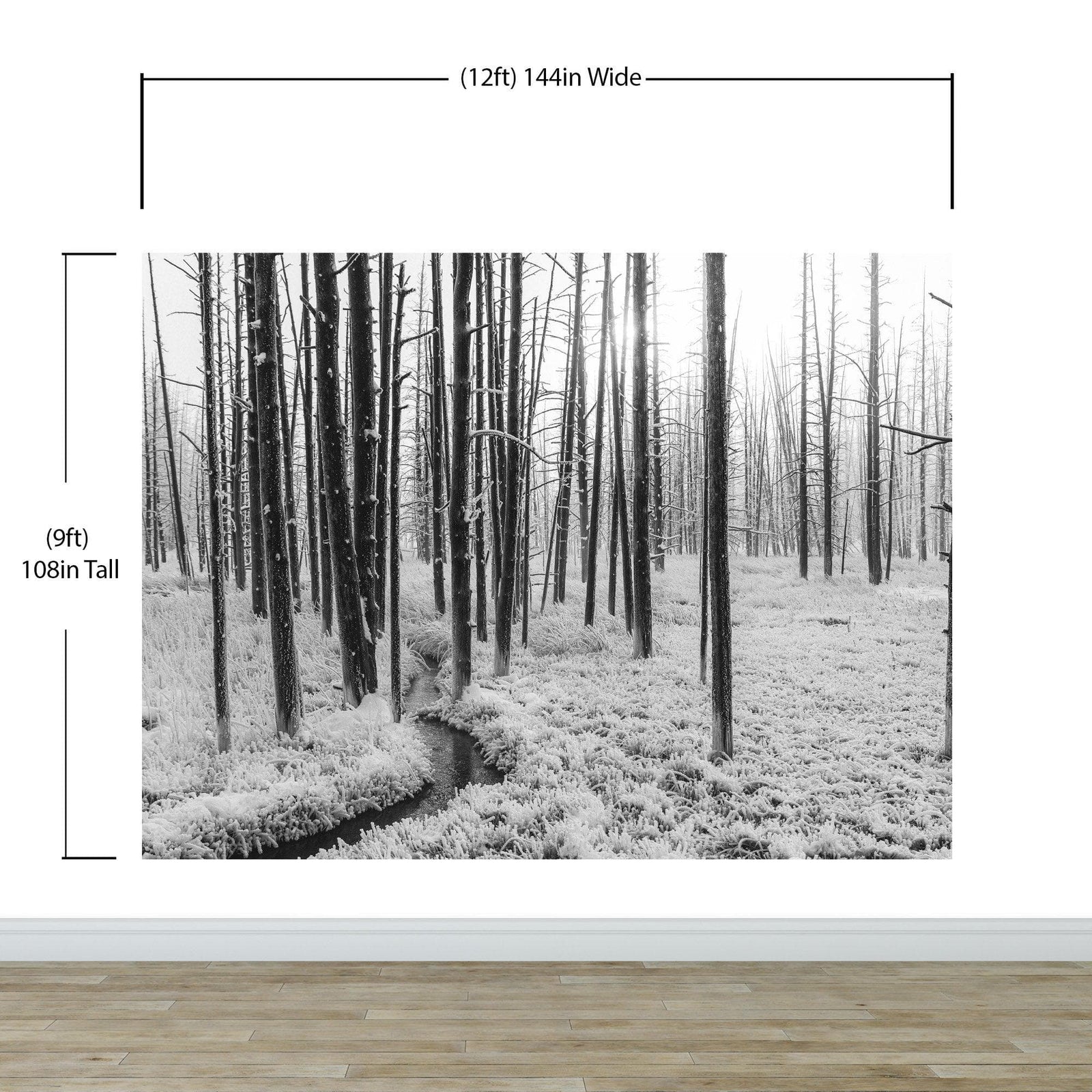Black and White Forest Landscape Wall Mural. Peel and Stick Wallpaper. #6365
