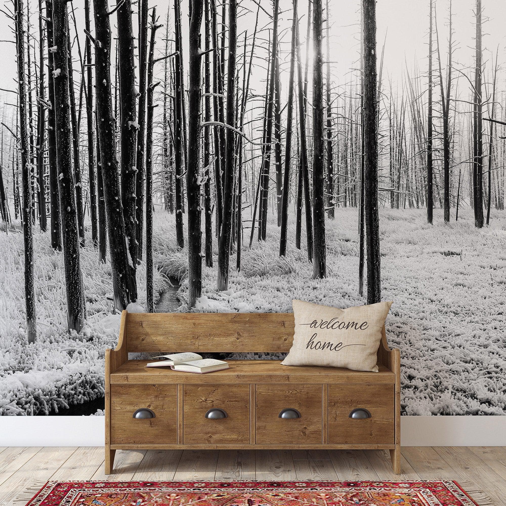 Black and White Forest Landscape Wall Mural. Peel and Stick Wallpaper. #6365