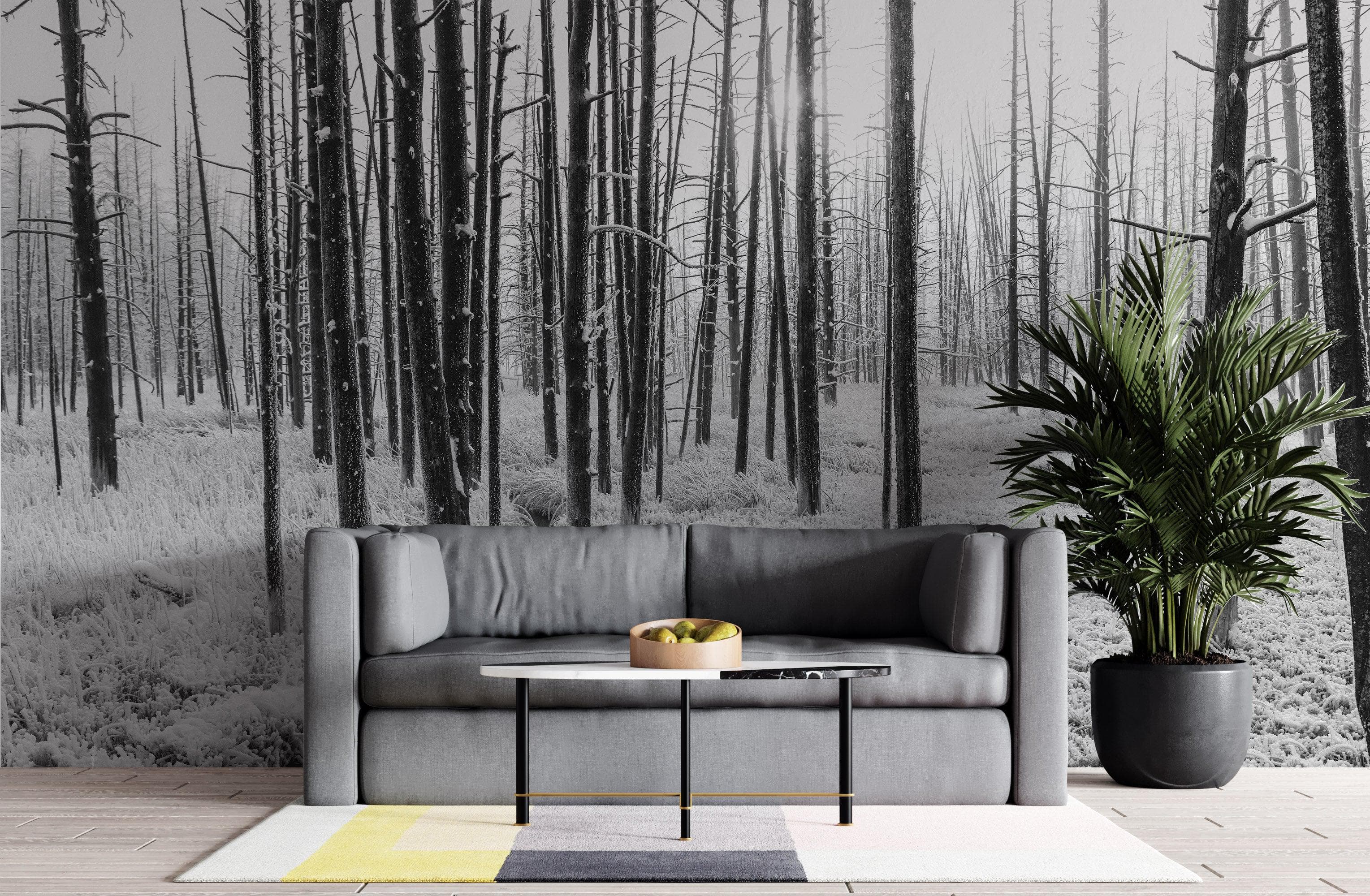 Black and White Forest Landscape Wall Mural. Peel and Stick Wallpaper. #6365