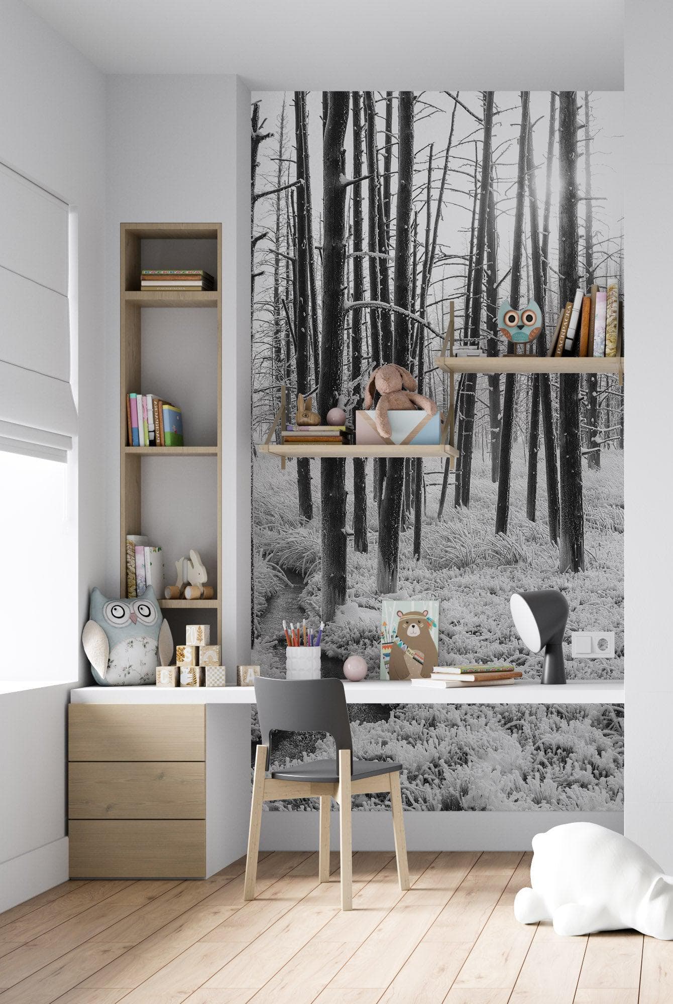Black and White Forest Landscape Wall Mural. Peel and Stick Wallpaper. #6365
