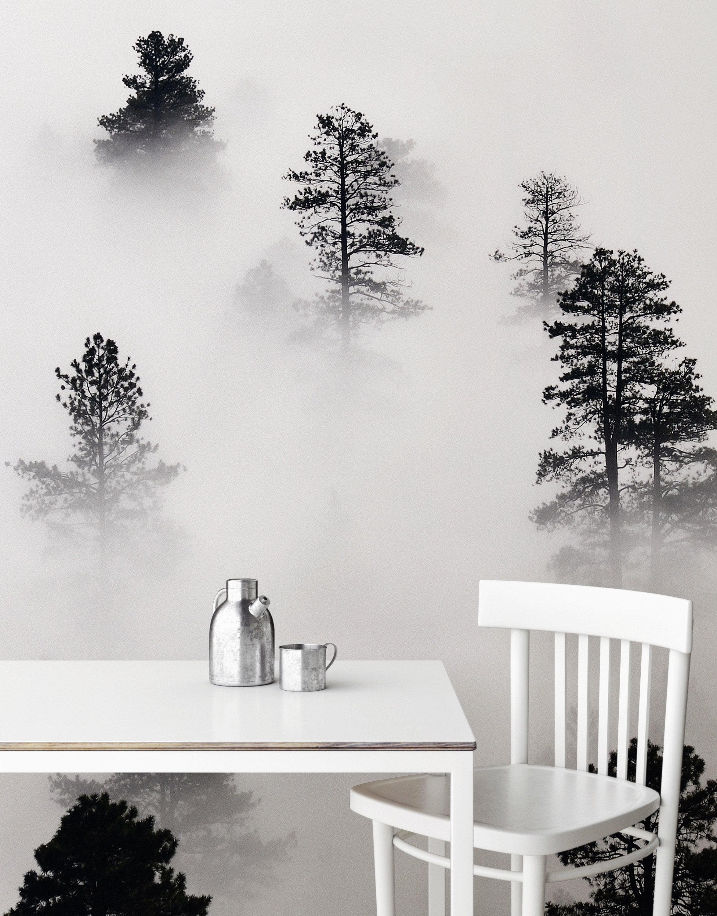 Foggy Forest Wallpaper Black and White Wall Mural. #6368
