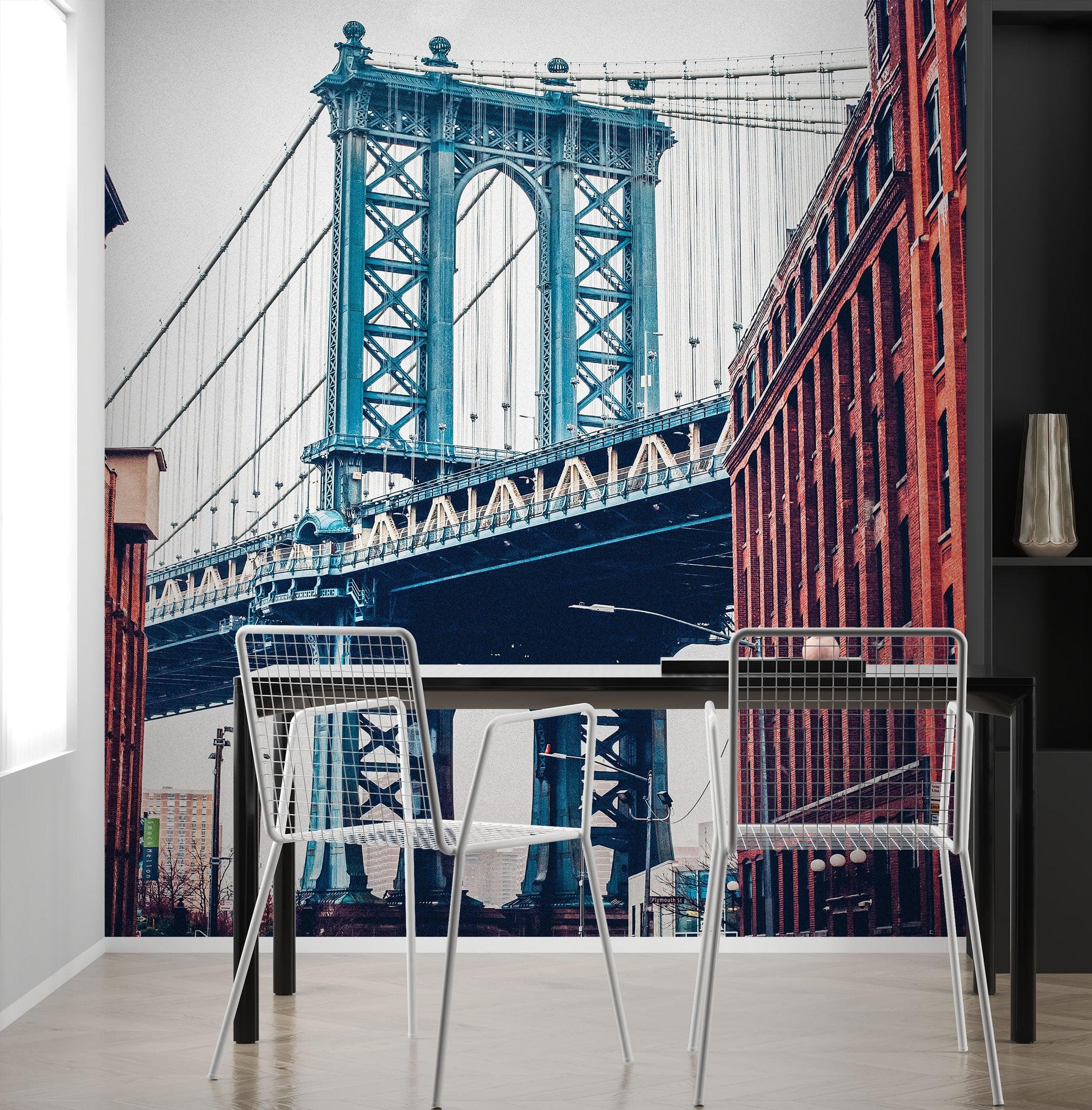 New York City Wall Mural Peel and Stick Wallpaper. Vintage Dumbo NYC. Brooklyn NY Landscape Wallpaper. #6369