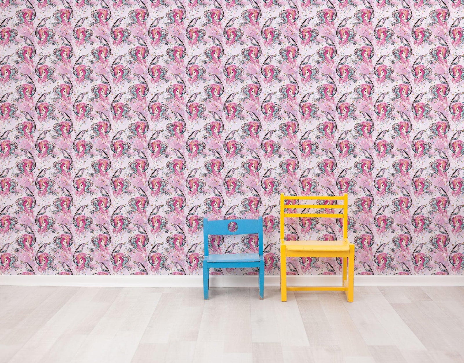 Pink Mermaid Wall Mural. Magical Cute Mermaid and Seahorse in Ocean Peel and Stick Wallpaper. #6371