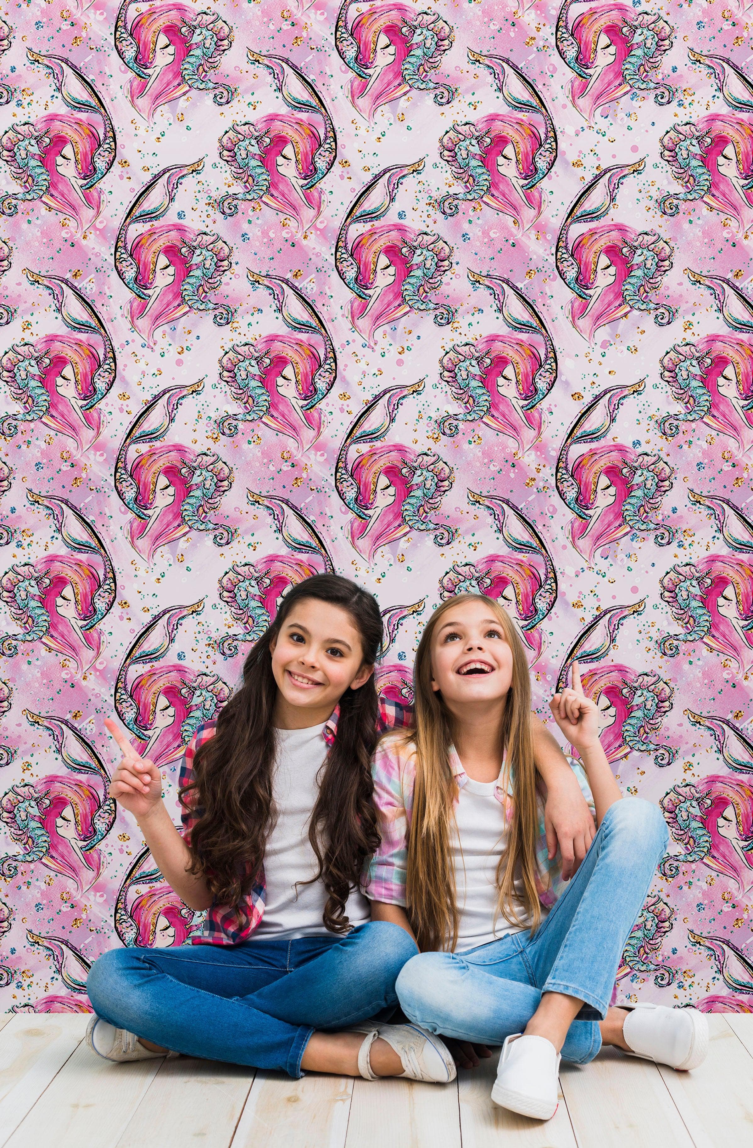 Pink Mermaid Wall Mural. Magical Cute Mermaid and Seahorse in Ocean Peel and Stick Wallpaper. #6371