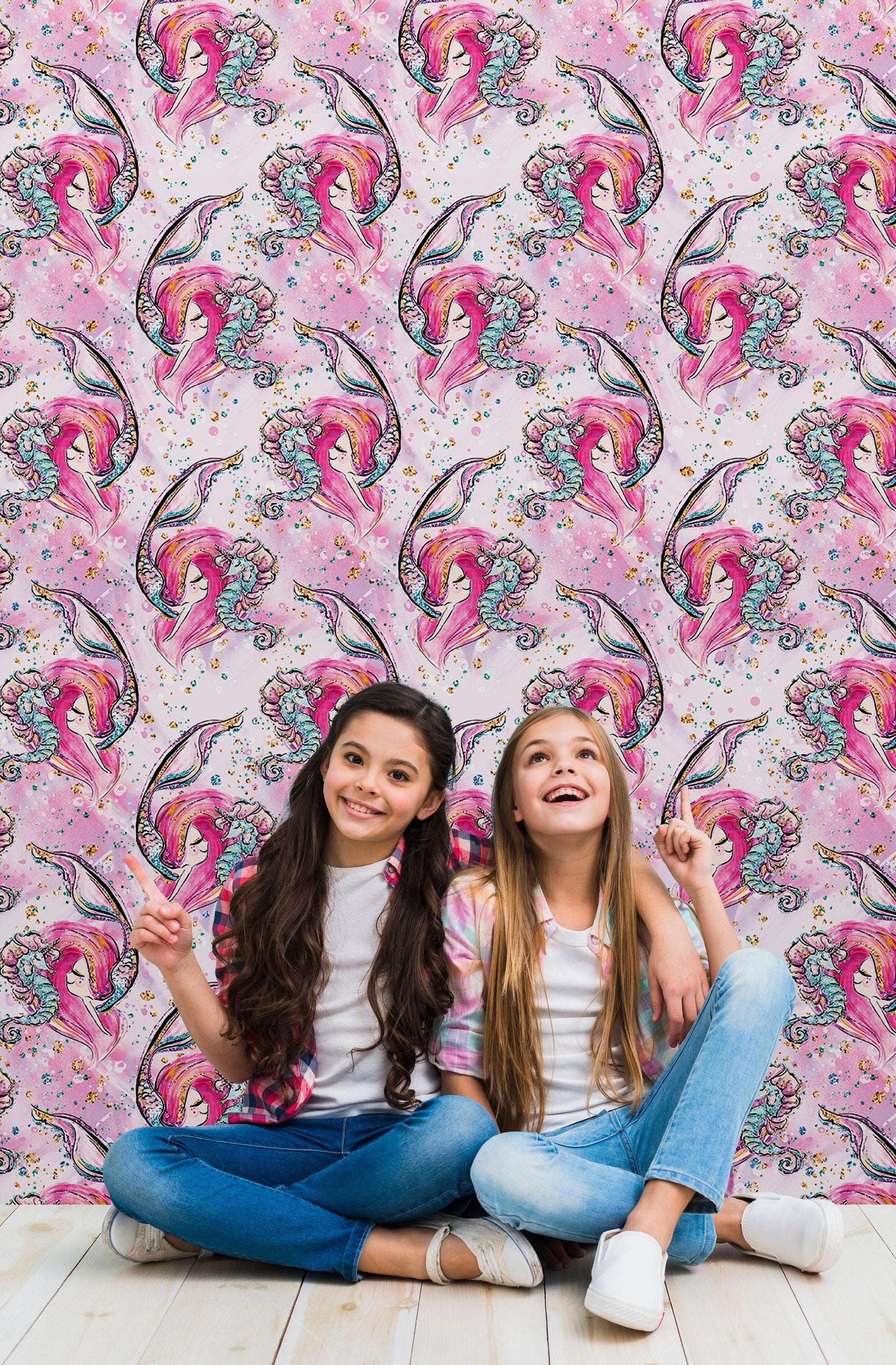 Pink Mermaid Wall Mural. Magical Cute Mermaid and Seahorse in Ocean Peel and Stick Wallpaper. #6371