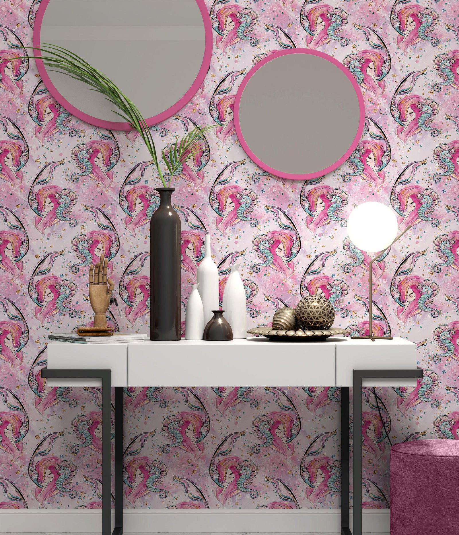 Pink Mermaid Wall Mural. Magical Cute Mermaid and Seahorse in Ocean Peel and Stick Wallpaper. #6371