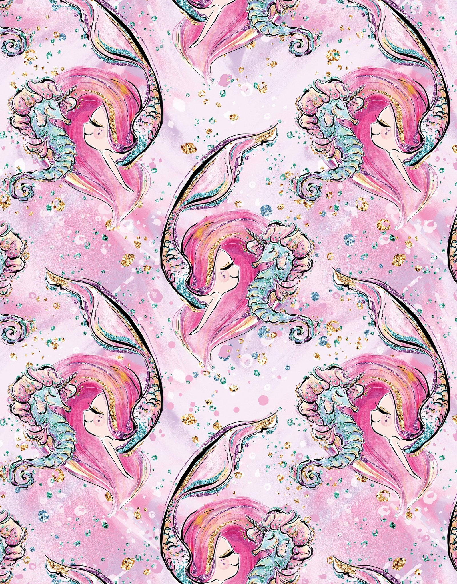 Pink Mermaid Wall Mural. Magical Cute Mermaid and Seahorse in Ocean Peel and Stick Wallpaper. #6371