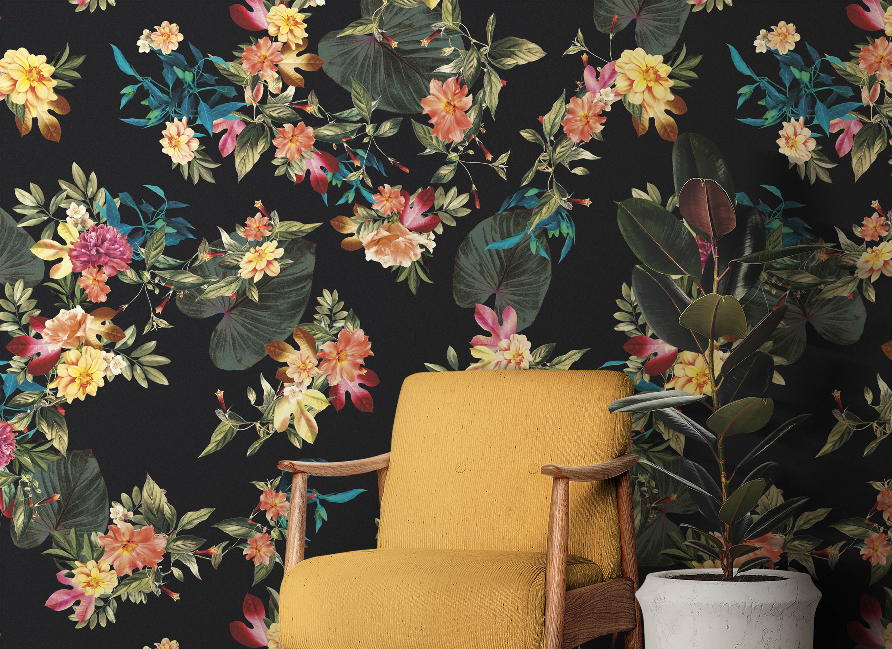 Tropical Flower Wall Mural. Paradise Botanical Flowers and Leave Black Background. #6372