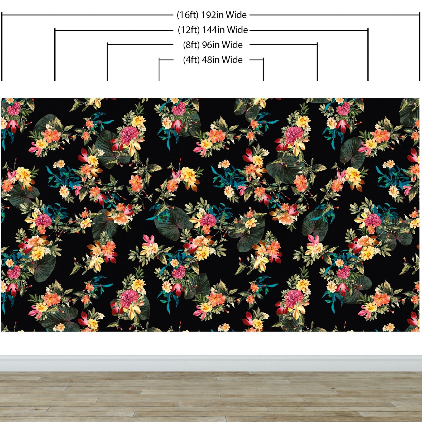 Tropical Flower Wall Mural. Paradise Botanical Flowers and Leave Black Background. #6372