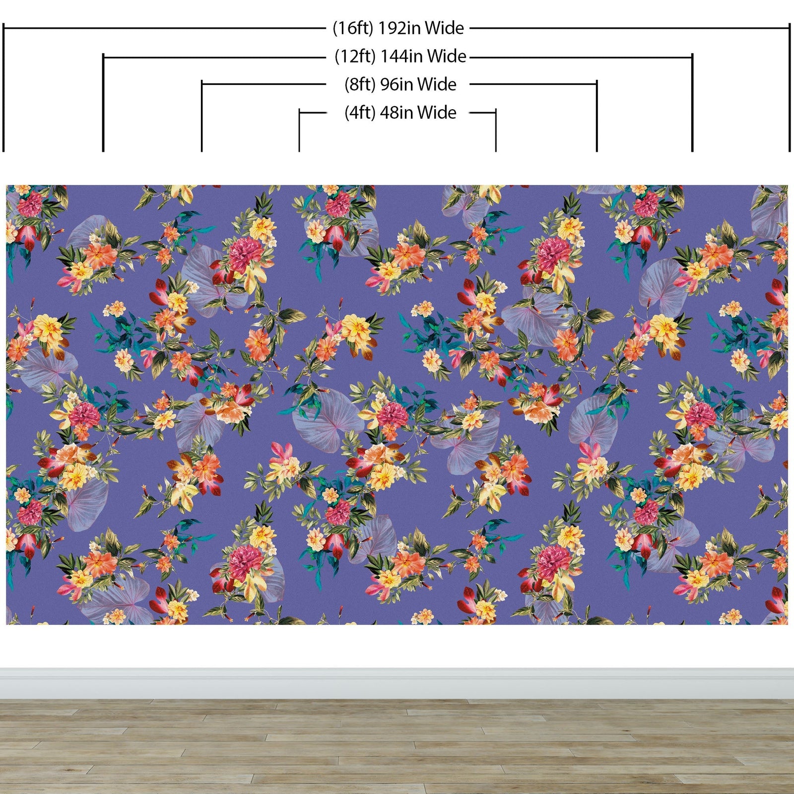 Tropical Flower Wall Mural. Paradise Botanical Flowers and Leave Purple Very Peri Color Background. #6376