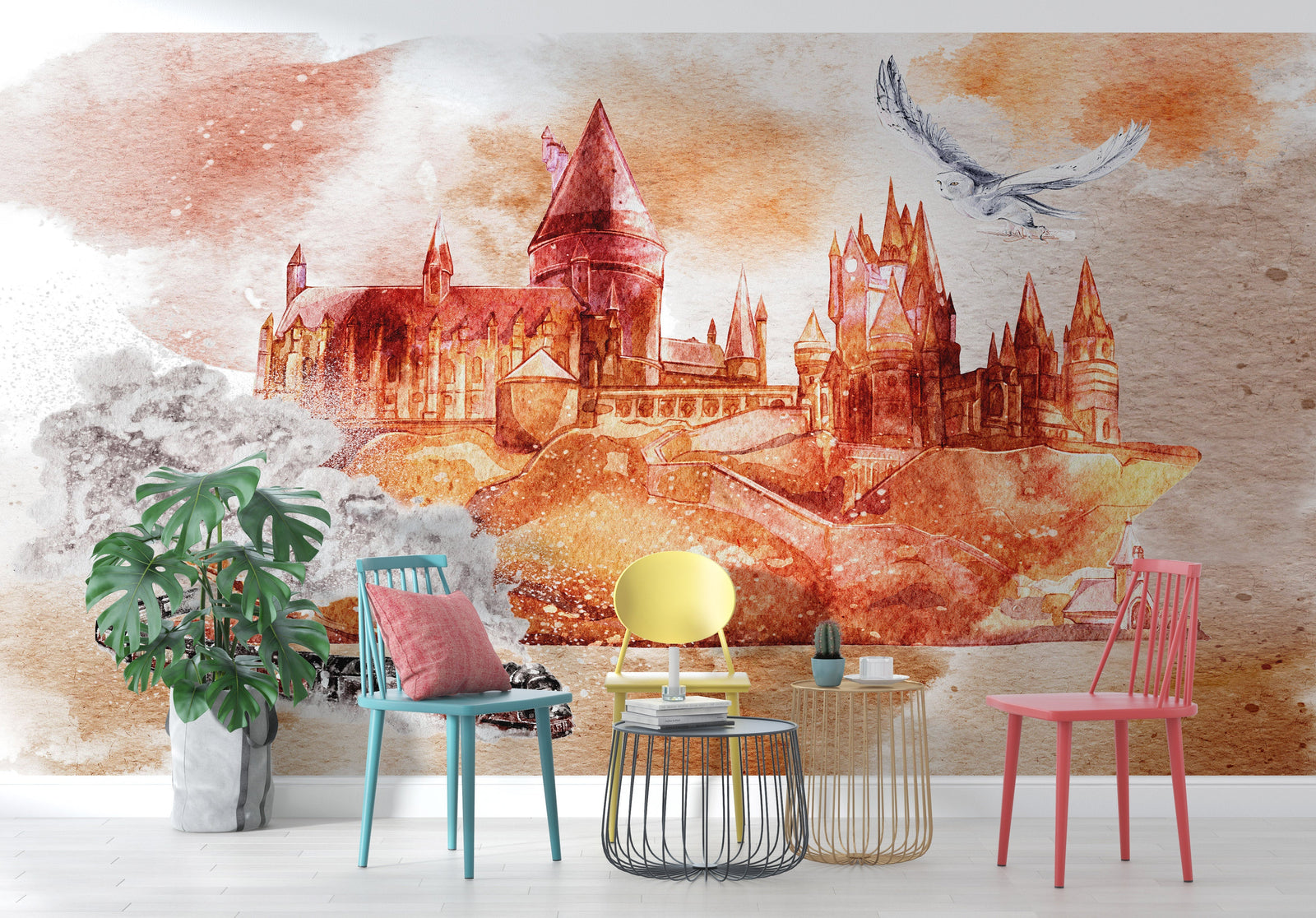 Wizardly World Wall Mural. Fantasy Theme with Castle / Train / Owl Peel and Stick Wallpaper. #6373