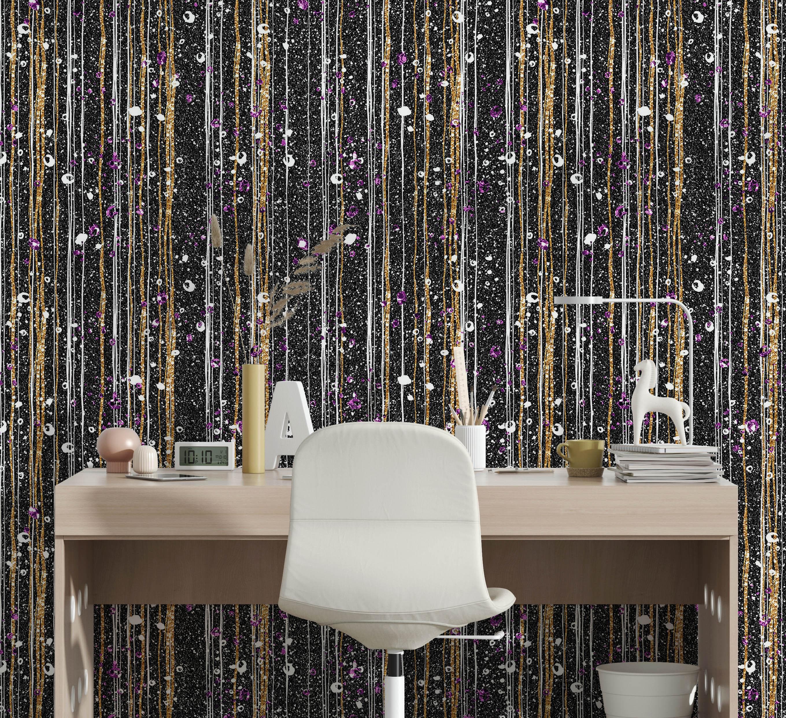Glamour Gold Stripe Wall Mural. White and Purple Dot Peel and Stick Wallpaper. #6378