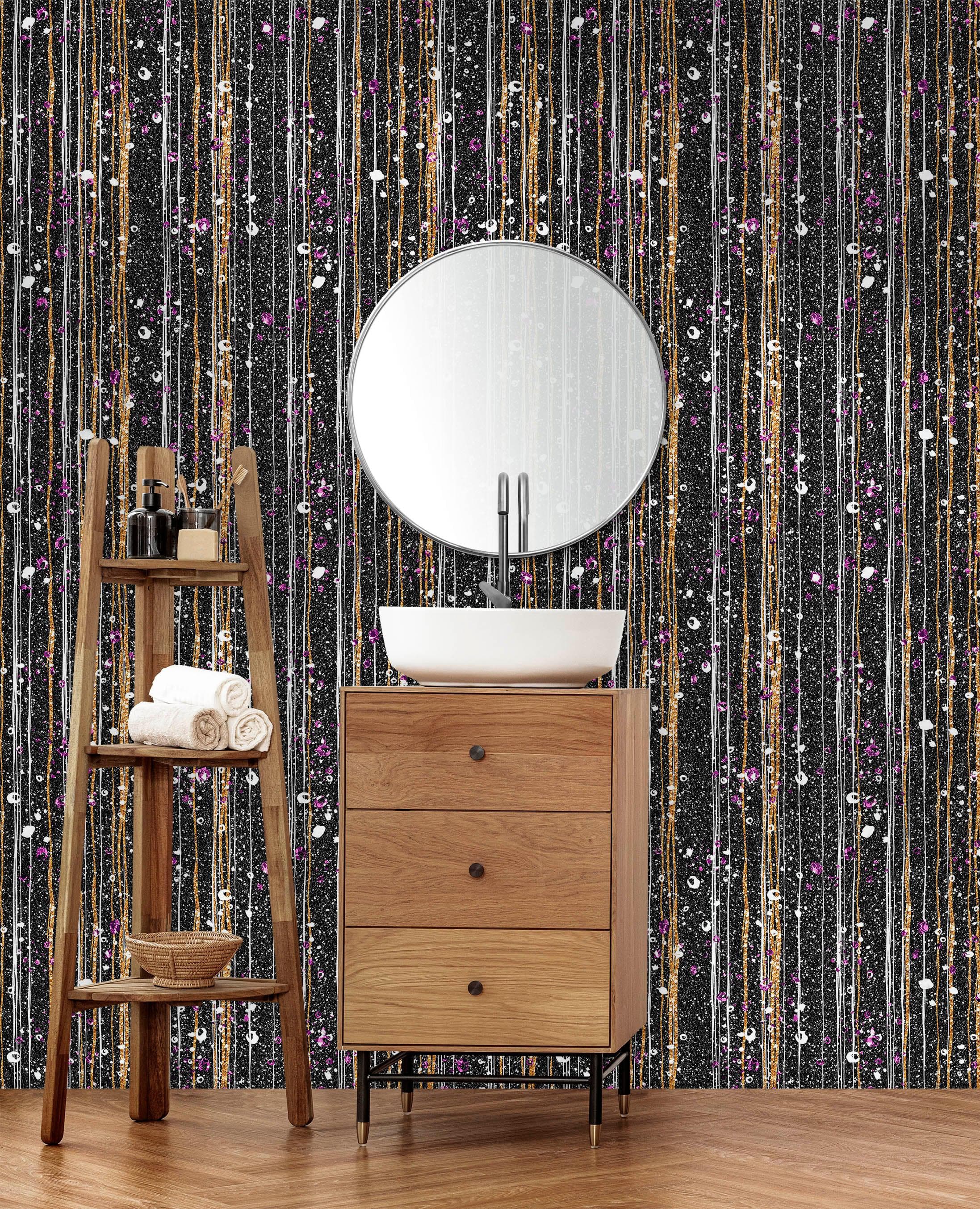 Glamour Gold Stripe Wall Mural. White and Purple Dot Peel and Stick Wallpaper. #6378