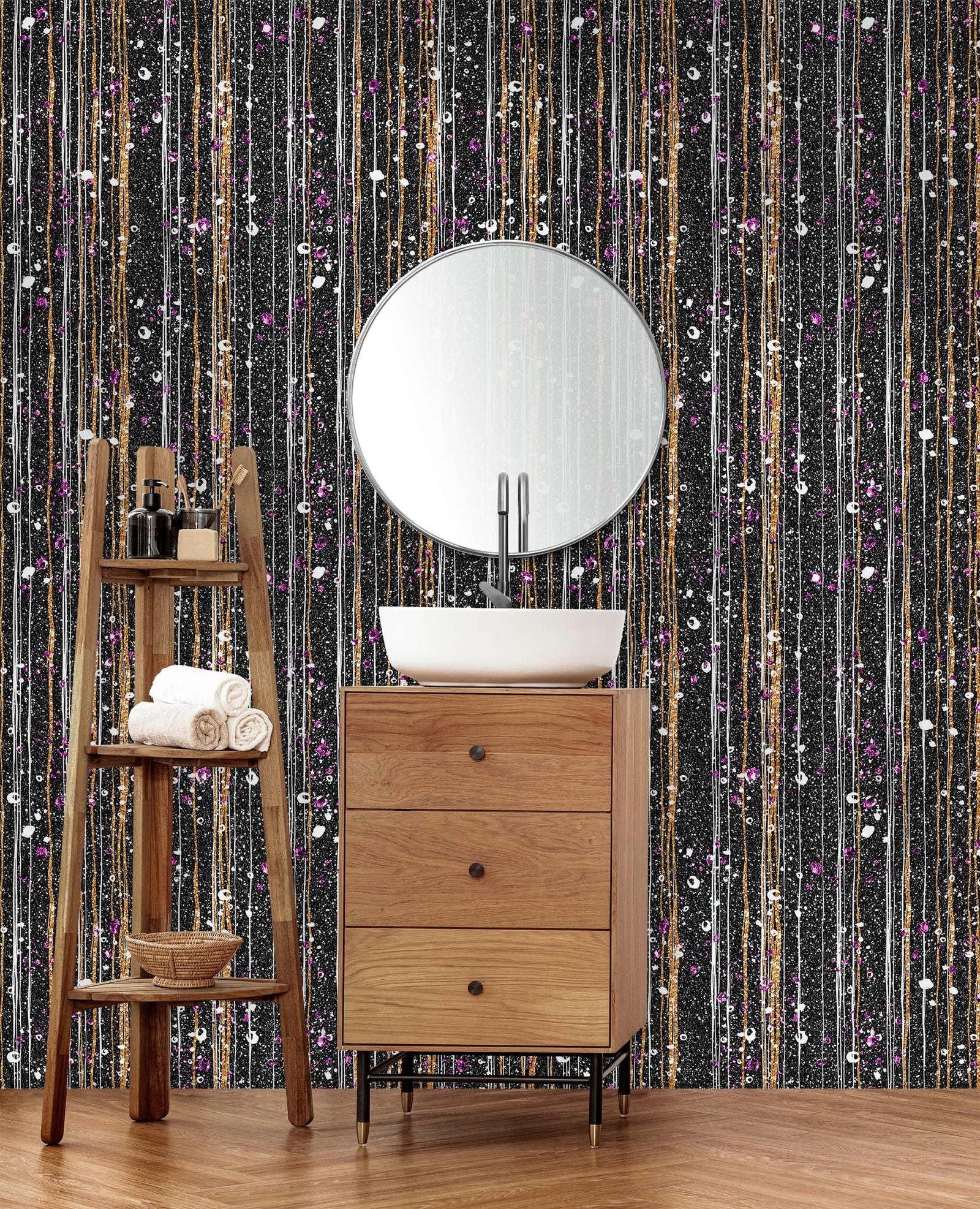 Glamour Gold Stripe Wall Mural. White and Purple Dot Peel and Stick Wallpaper. #6378