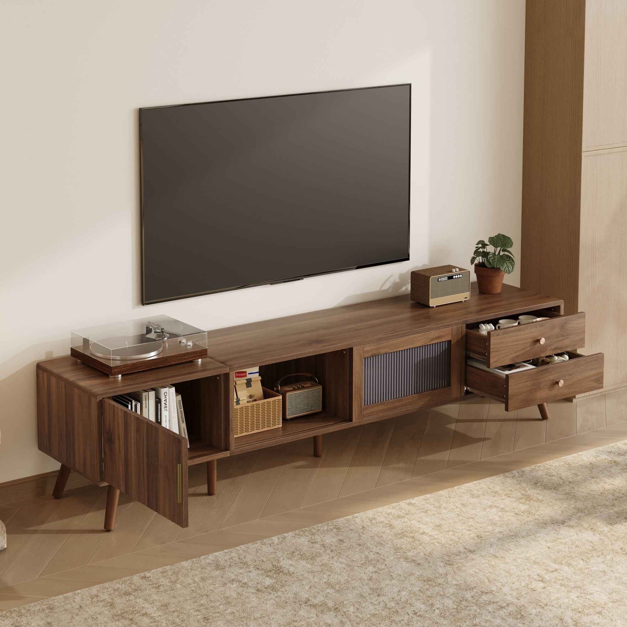 Doors TV Stand For TVs Up To 85", Entertainment Center With Storage Cabinets, TV Media Console Table For Living Room - Natural