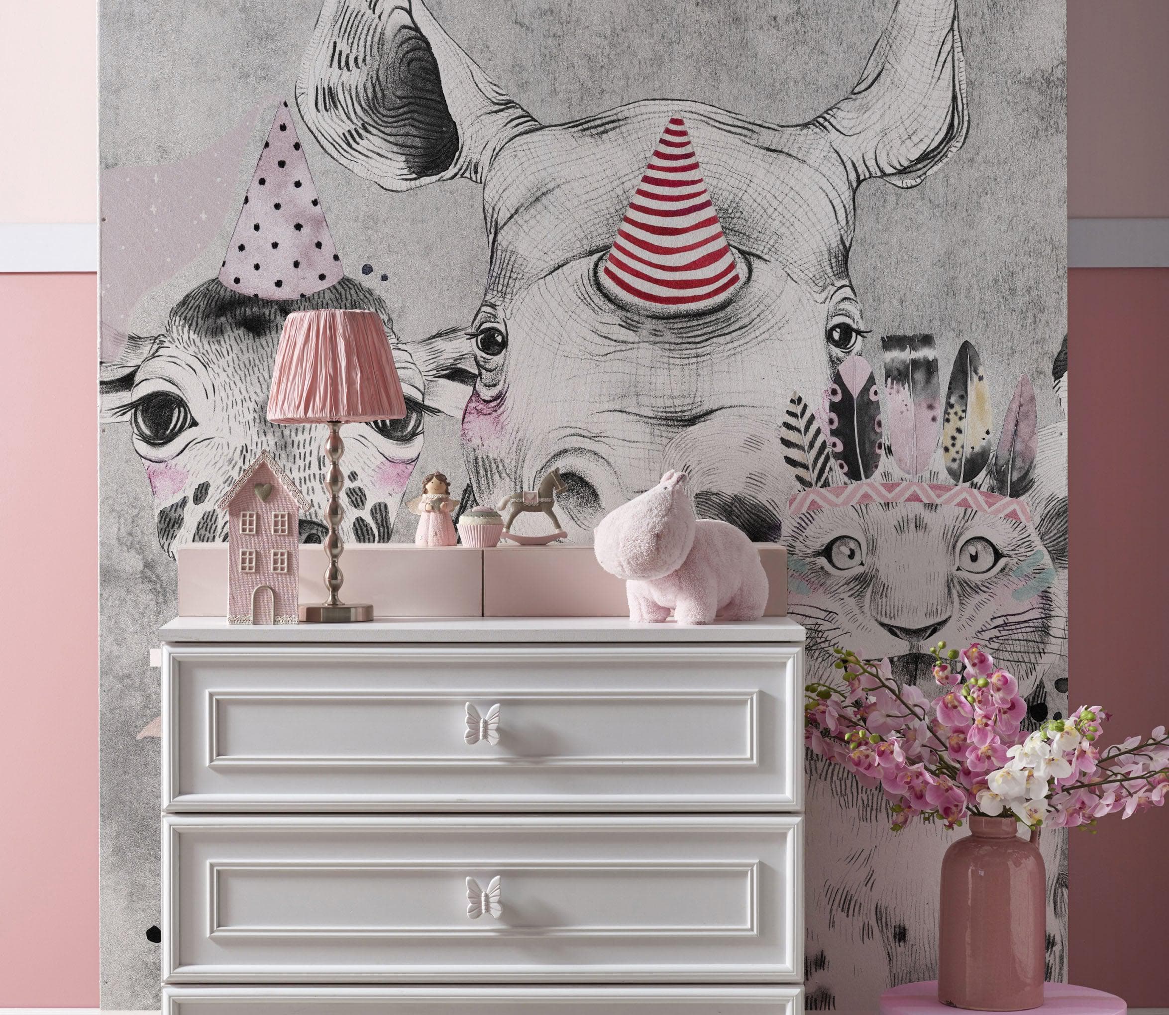 Safari Baby Animals Wall Mural. Baby Elephant, Giraffe, Rhino, Lion and Zebra Peel and Stick Wallpaper. #6383