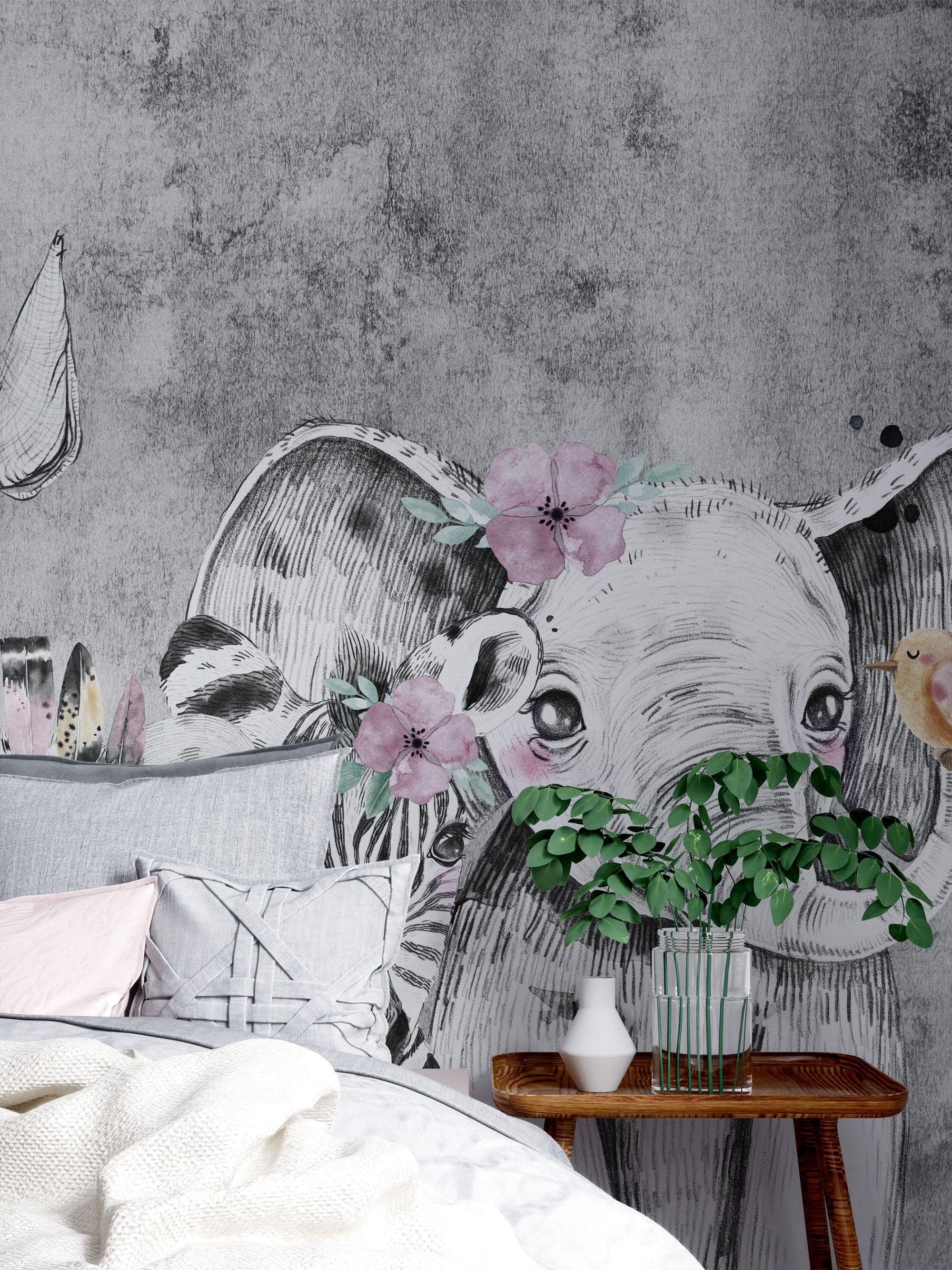 Safari Baby Animals Wall Mural. Baby Elephant, Giraffe, Rhino, Lion and Zebra Peel and Stick Wallpaper. #6383
