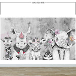 Safari Baby Animals Wall Mural. Baby Elephant, Giraffe, Rhino, Lion and Zebra Peel and Stick Wallpaper. #6383