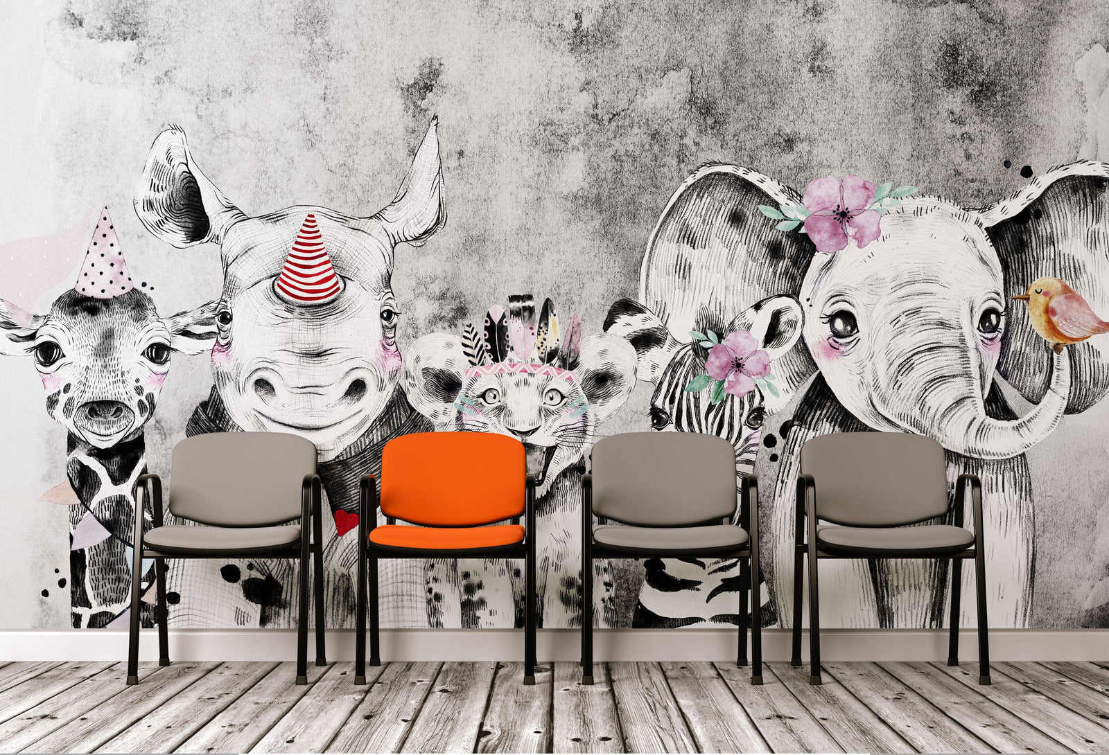 Safari Baby Animals Wall Mural. Baby Elephant, Giraffe, Rhino, Lion and Zebra Peel and Stick Wallpaper. #6383