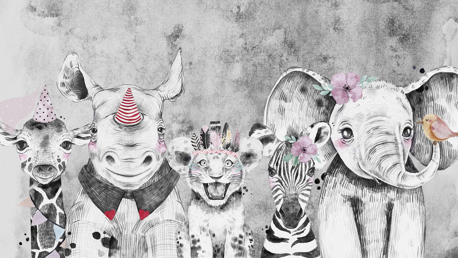 Safari Baby Animals Wall Mural. Baby Elephant, Giraffe, Rhino, Lion and Zebra Peel and Stick Wallpaper. #6383