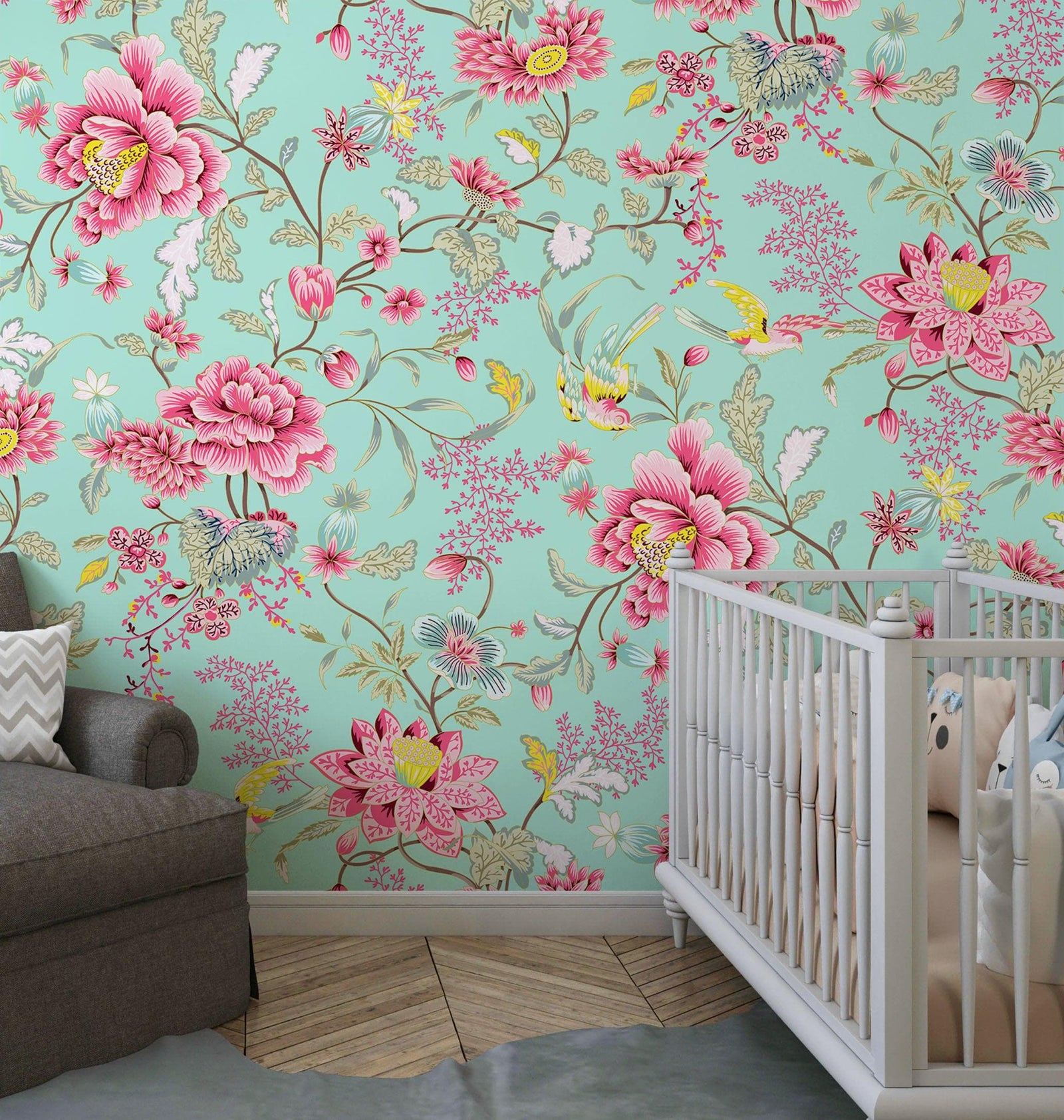 Mint Color Flower Pattern Wall Mural. Tropical Botanical Floral Peel and Stick Wallpaper. #6387