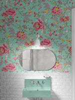 Mint Color Flower Pattern Wall Mural. Tropical Botanical Floral Peel and Stick Wallpaper. #6387