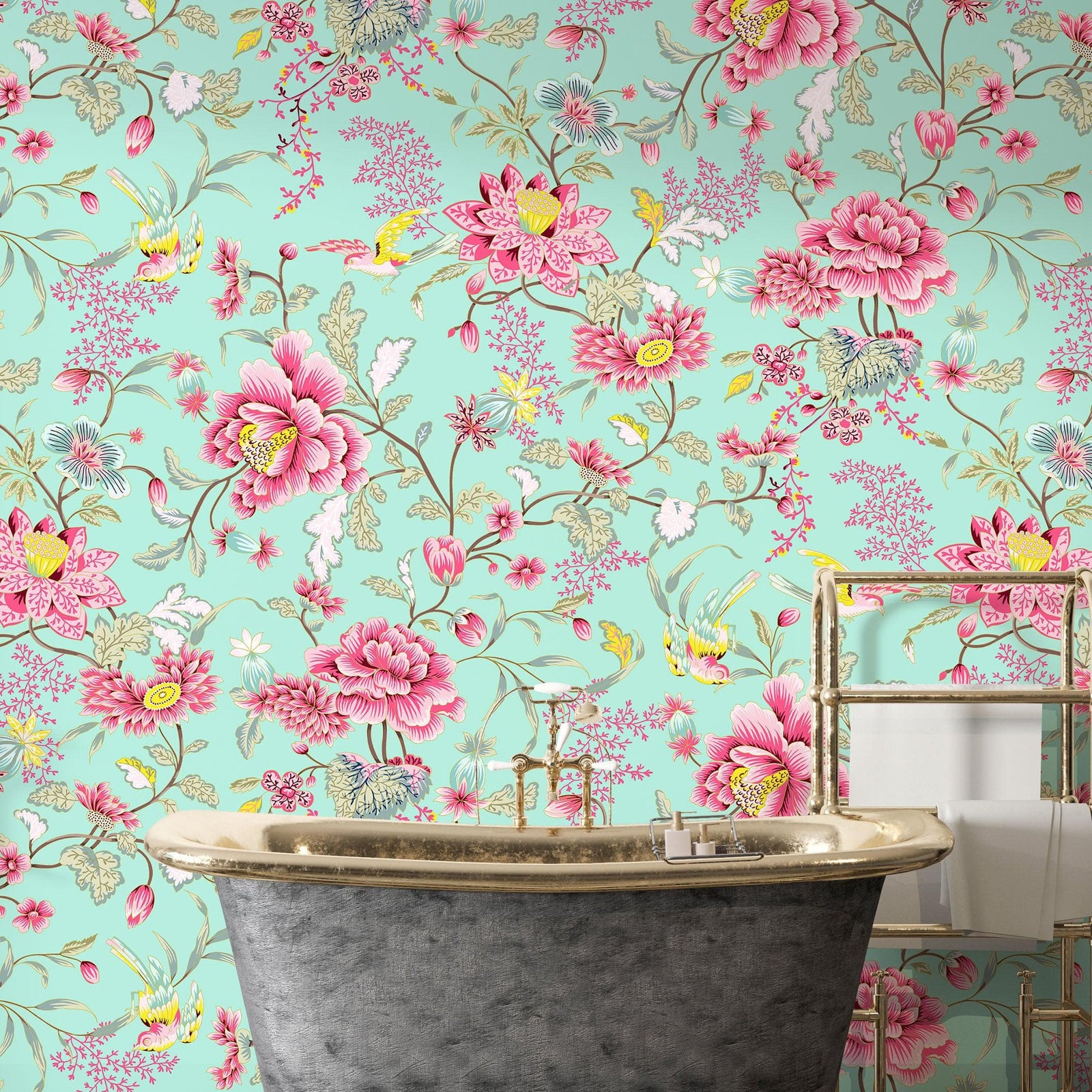 Mint Color Flower Pattern Wall Mural. Tropical Botanical Floral Peel and Stick Wallpaper. #6387