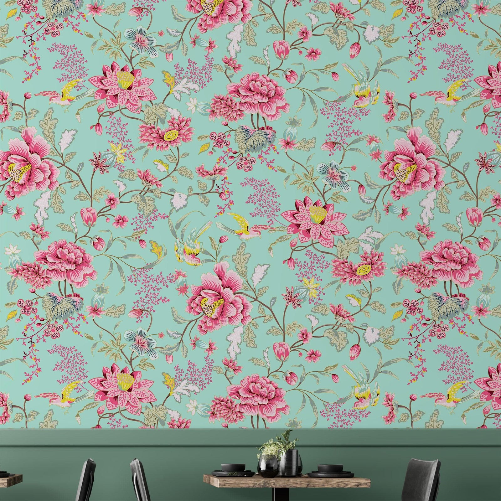 Mint Color Flower Pattern Wall Mural. Tropical Botanical Floral Peel and Stick Wallpaper. #6387