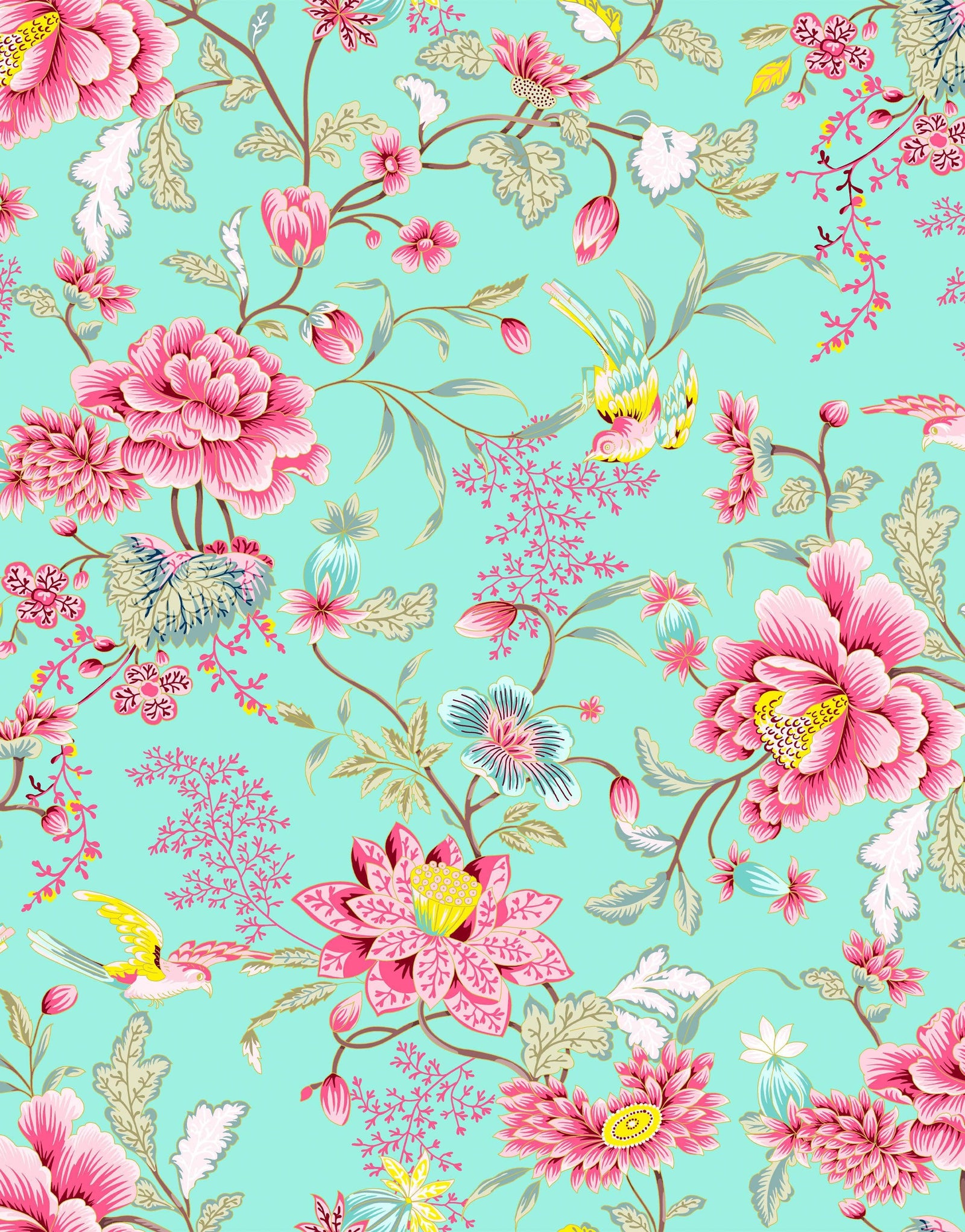 Mint Color Flower Pattern Wall Mural. Tropical Botanical Floral Peel and Stick Wallpaper. #6387