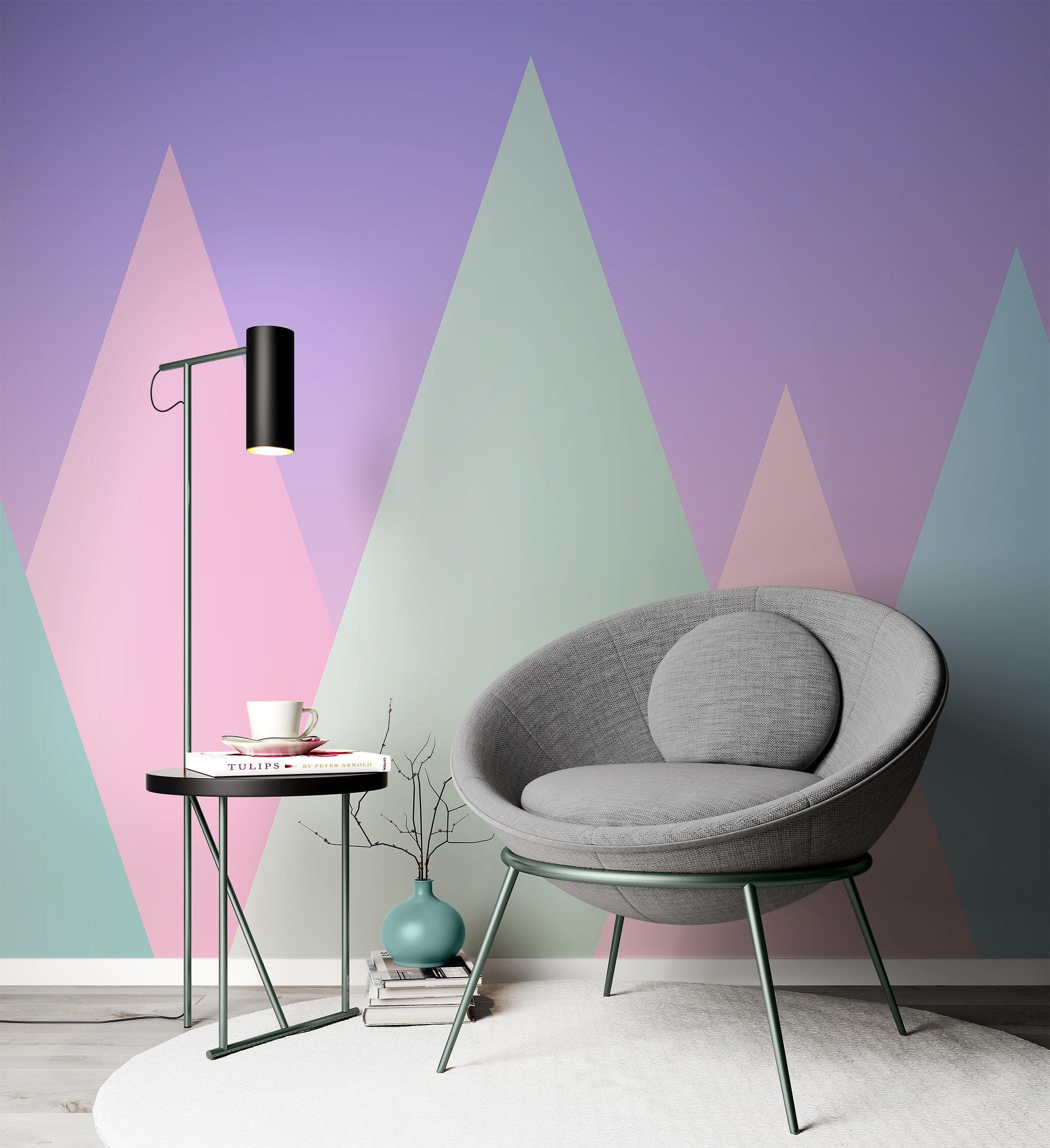 Geometric Triangular Mountain Wall Mural. Pastel Color Peel and Stick Wallpaper. #6388